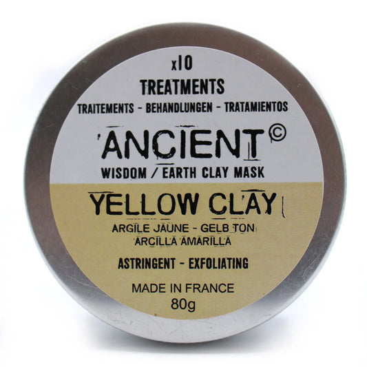Tapa circular de aluminio de mascarilla facial de arcilla amarilla de 80g con etiqueta en tonos blanco y ocre
