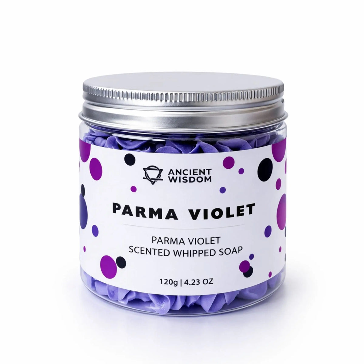 Jabón batido perfumado violeta Parma en frasco transparente, decorado con puntos morados y rosas. 120g.