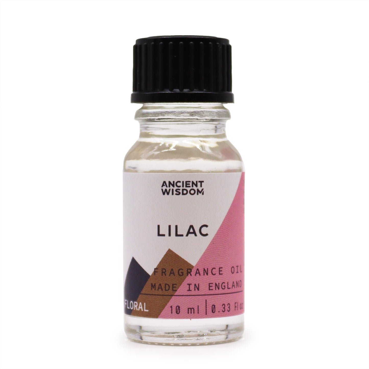 Frasco de vidrio transparente con aceite de 10ml, tapa negra y etiqueta con diseño geométrico y el texto "LILAC".