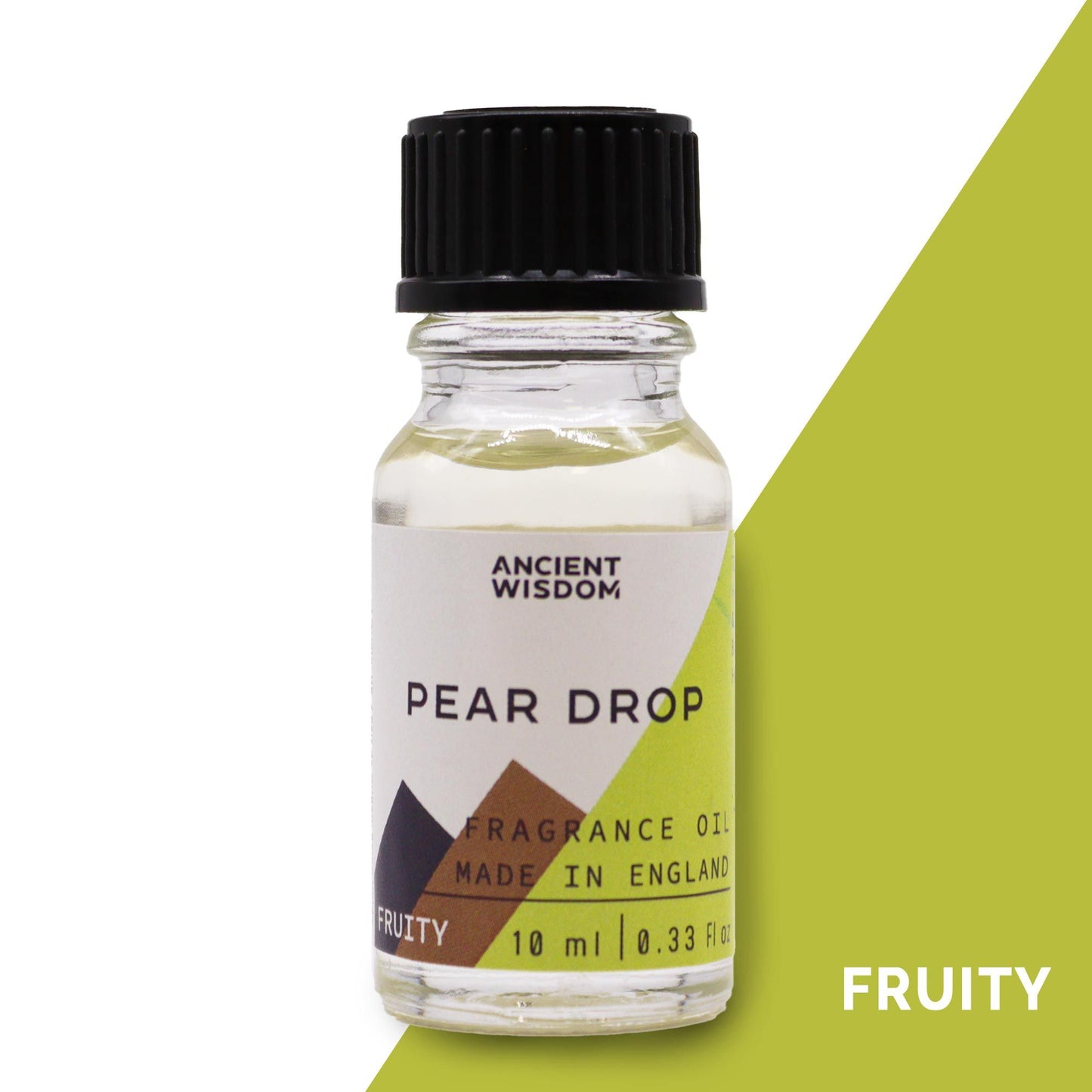 Frasco de vidrio de 10ml con aceite aromático de pera, tapón negro y etiqueta minimalista sobre fondo verde.