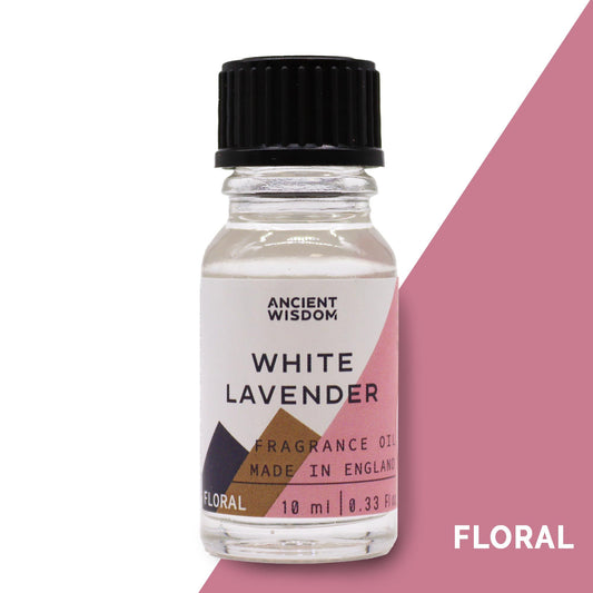Frasco pequeño de vidrio transparente con aceite perfumado de lavanda blanca, tapa negra y etiqueta geométrica.