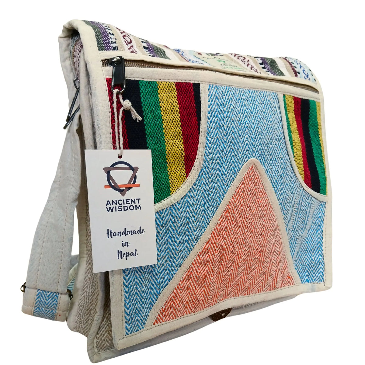 Bolso de cáñamo con diseño de parches coloridos, estampado de espiga, cierre de cremallera y correa ajustable.