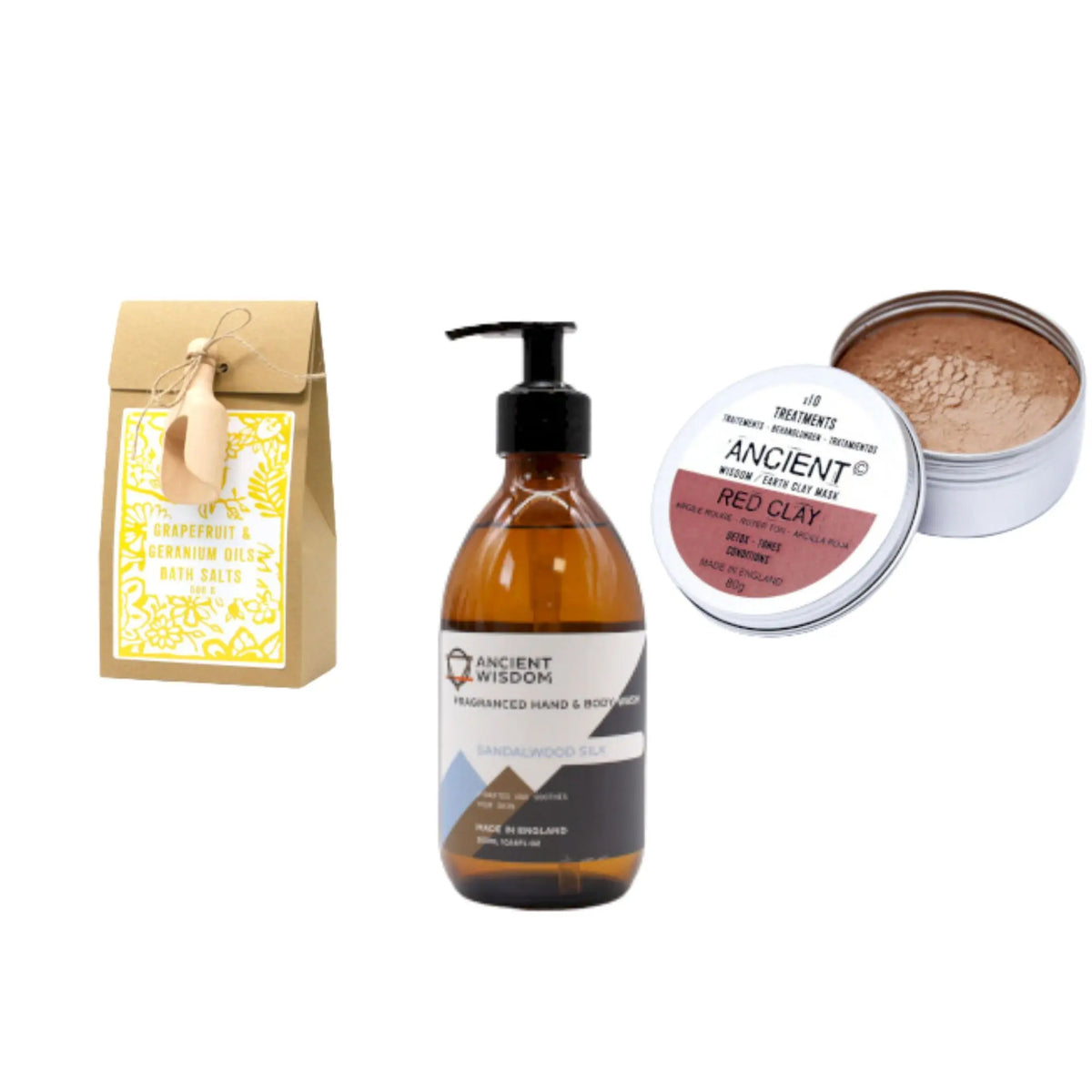 Set de regalo Ancient Wisdom: sales de baño, jabón líquido de sándalo y mascarilla de arcilla roja en envases naturales.