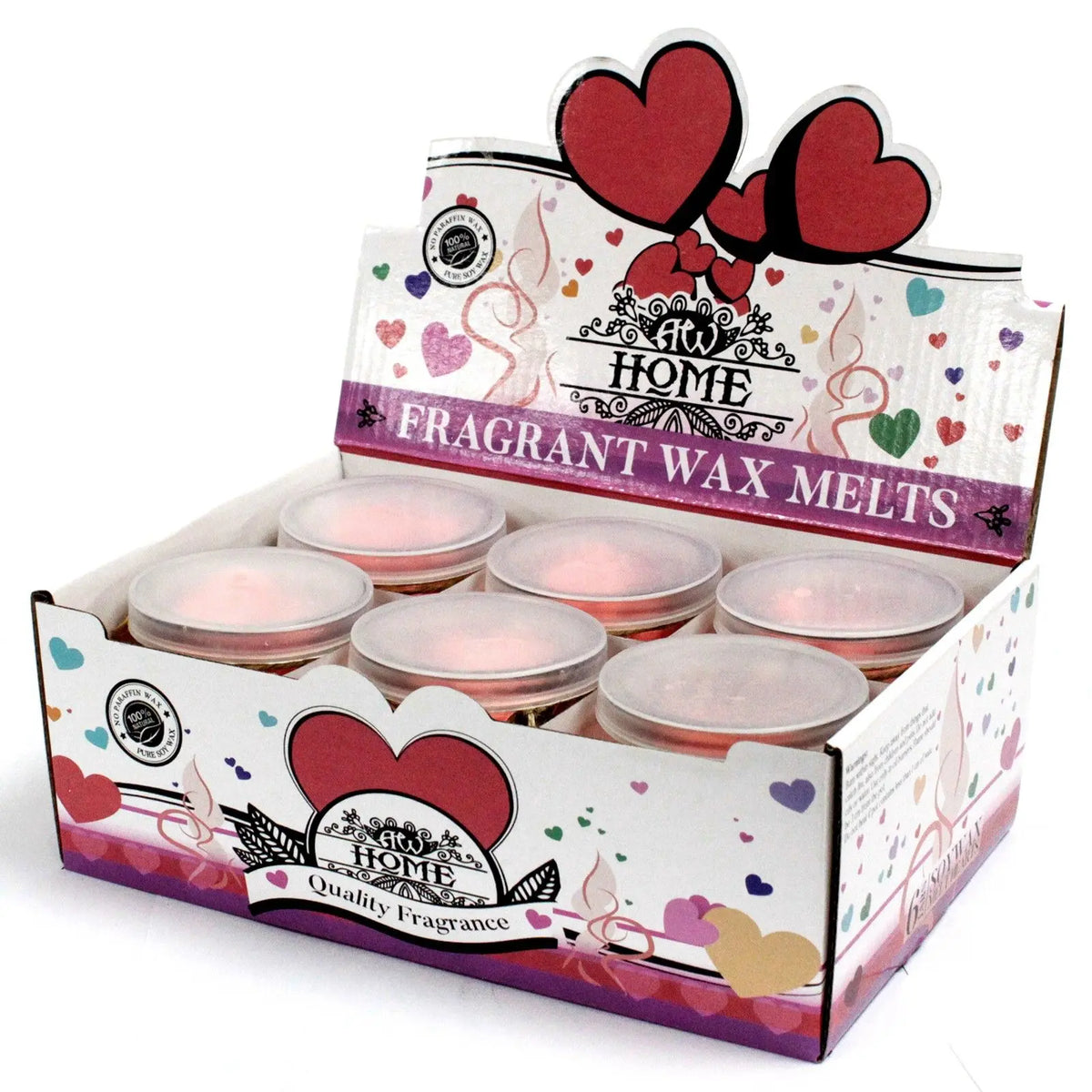 Caja expositora de cartón con 6 botes circulares de cera de soja rosa, decorada con motivos de corazones.