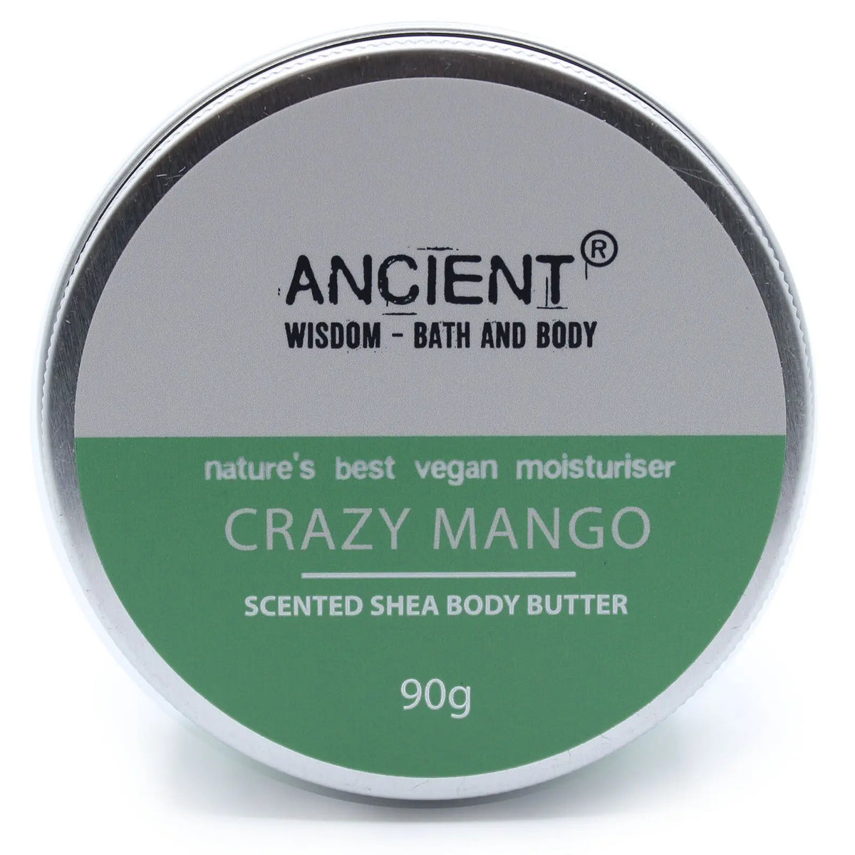 Tapa metálica circular de manteca corporal Ancient Wisdom, diseño verde y gris, aroma a mango, 90g.