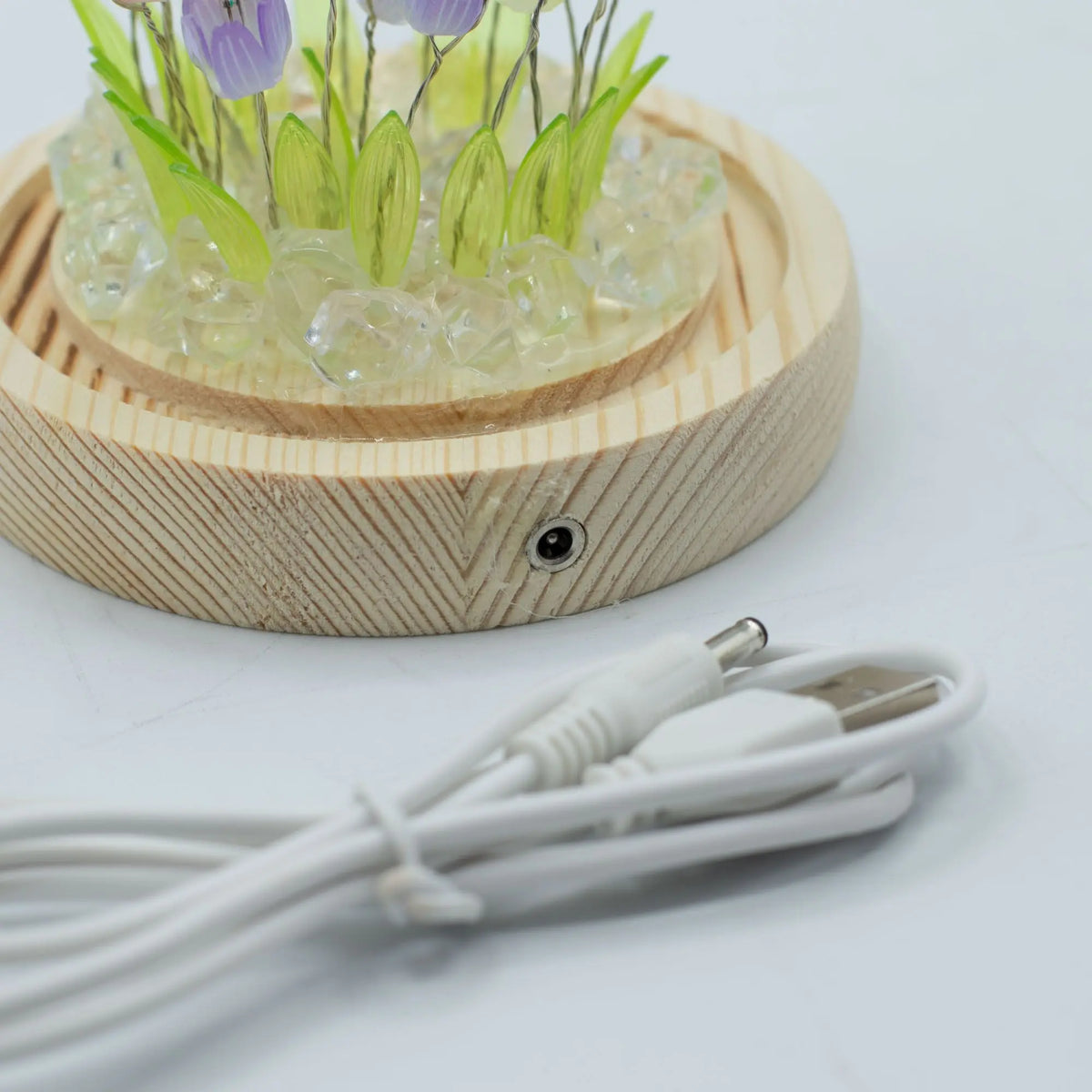 Domo Floral Glow: base de madera con tulipanes, cristales decorativos y cable de carga USB incluido.