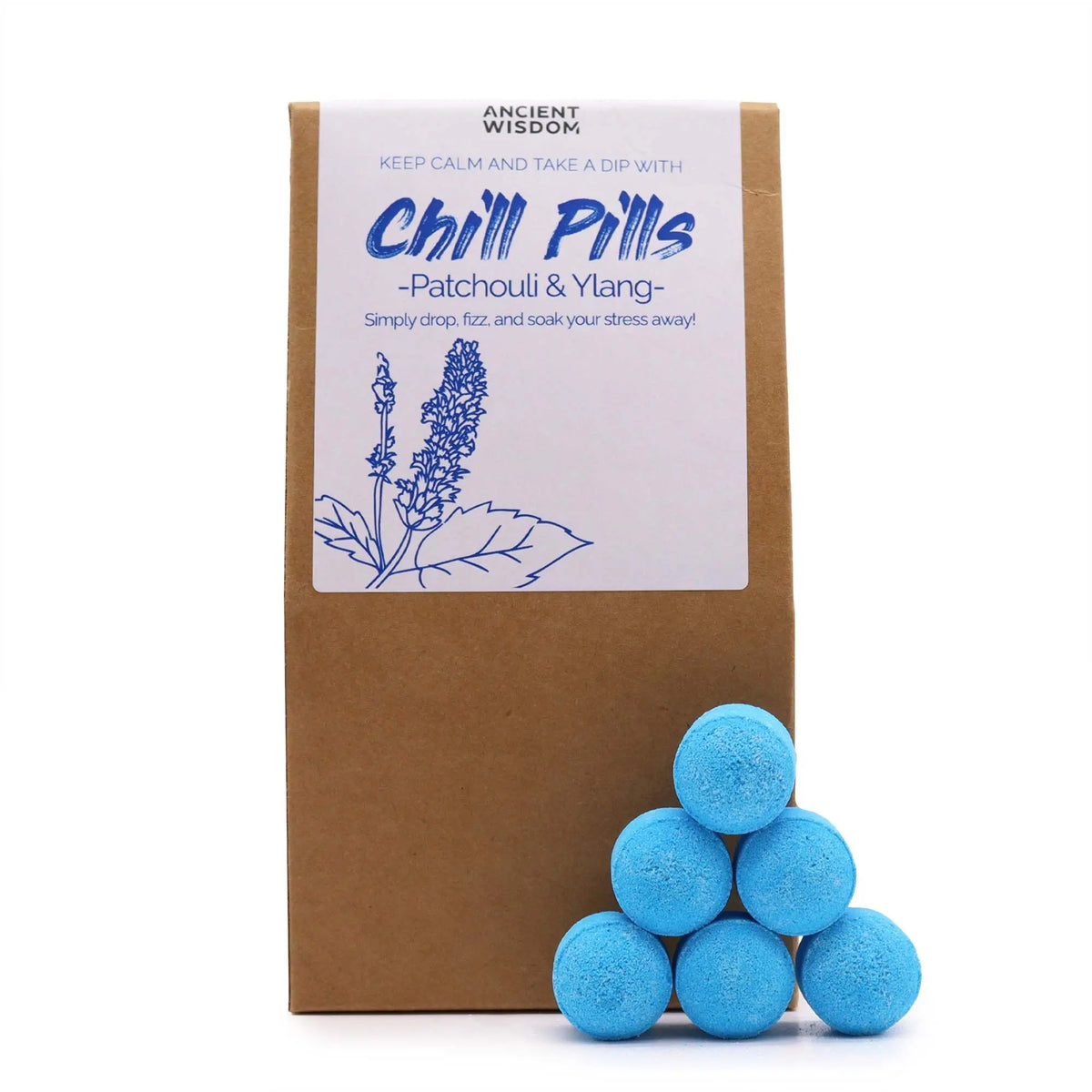 Pack de regalo con mini bombas de baño esféricas de color azul frente a una caja de cartón con etiqueta informativa.