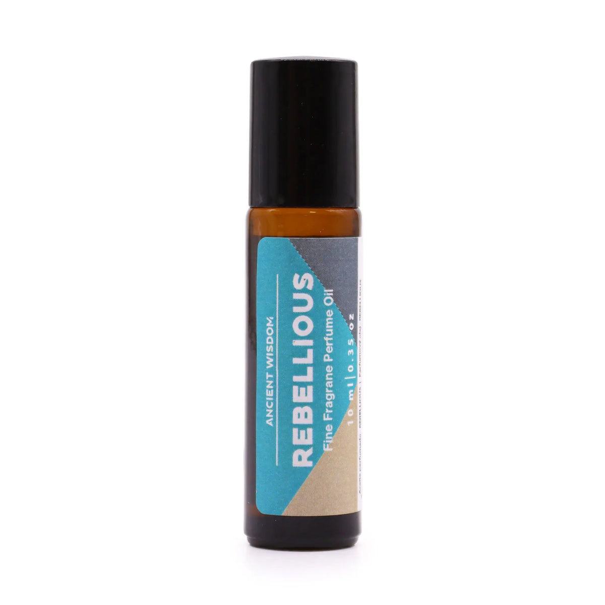 Frasco de vidrio ámbar de 10 ml con aplicador roll-on y etiqueta azul y beige con la palabra "REBELLIOUS".
