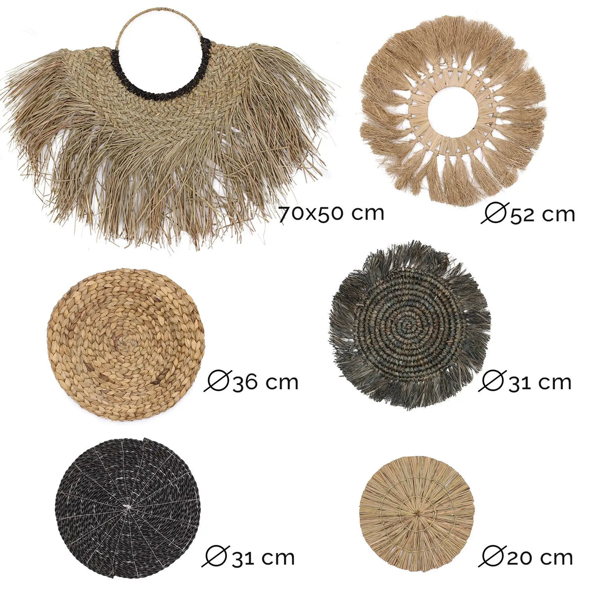 Decoraciones de mimbre natural en varios tamaños y colores: beige, negro y marrón. Ideal para decoración bohemia.