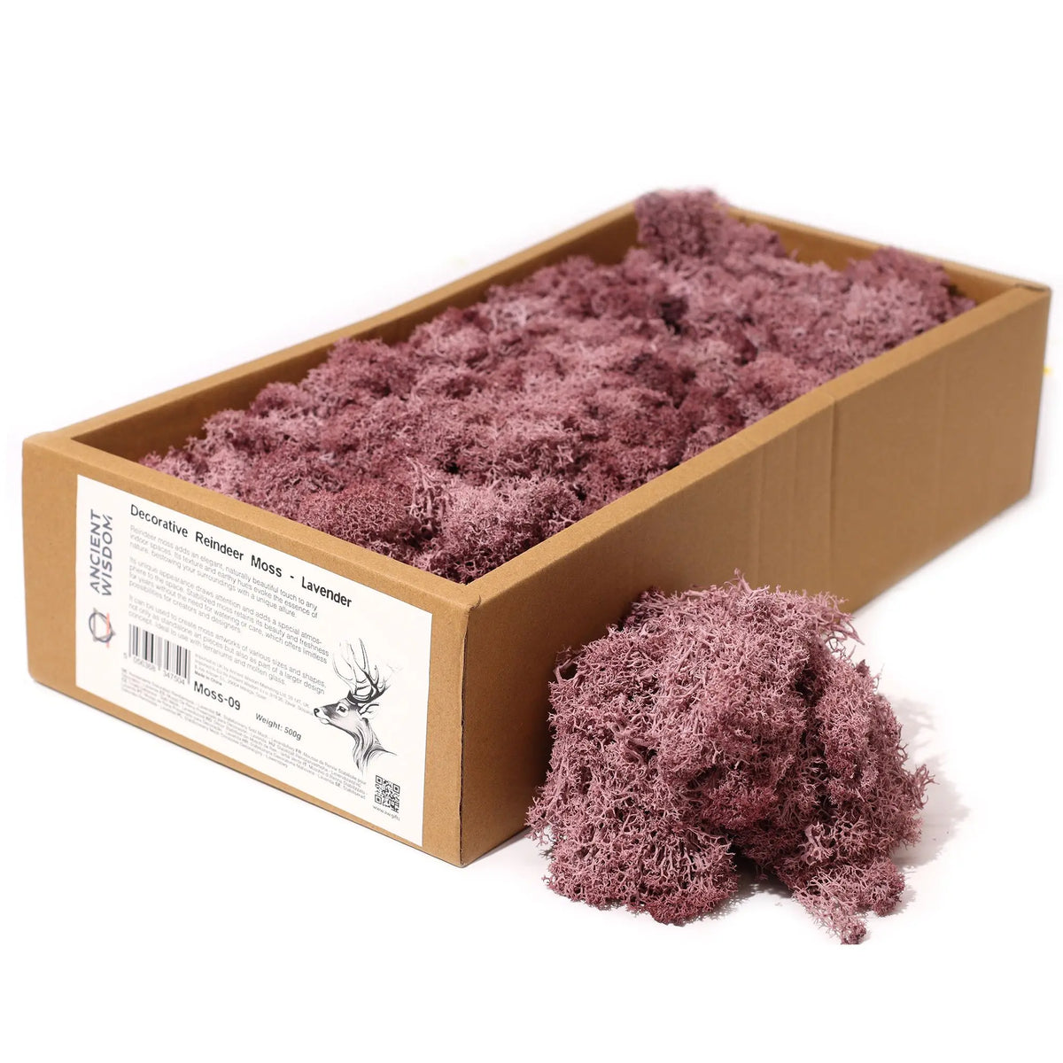 Caja de cartón llena de musgo de reno preservado en tono morado, con una porción adicional sobre fondo blanco.