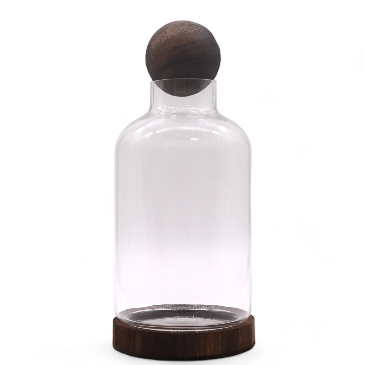Terrario de vidrio transparente con base y tapa esférica de madera oscura, diseño minimalista de 16x32 cm