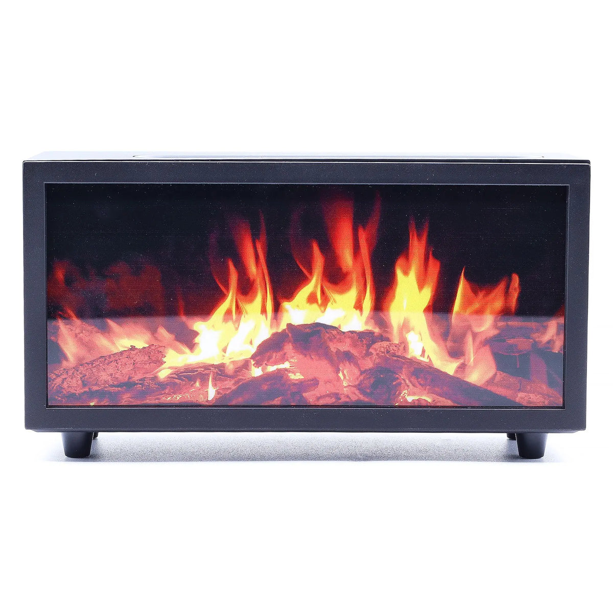 Difusor negro rectangular con diseño de chimenea, luces LED que simulan llamas realistas y base estable.