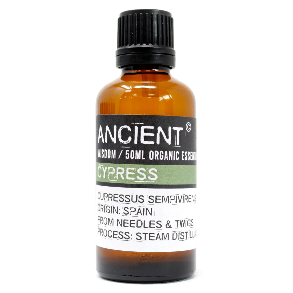 Frasco de vidrio ámbar de 50ml con tapa negra y etiqueta Ancient Wisdom de aceite esencial orgánico de ciprés.