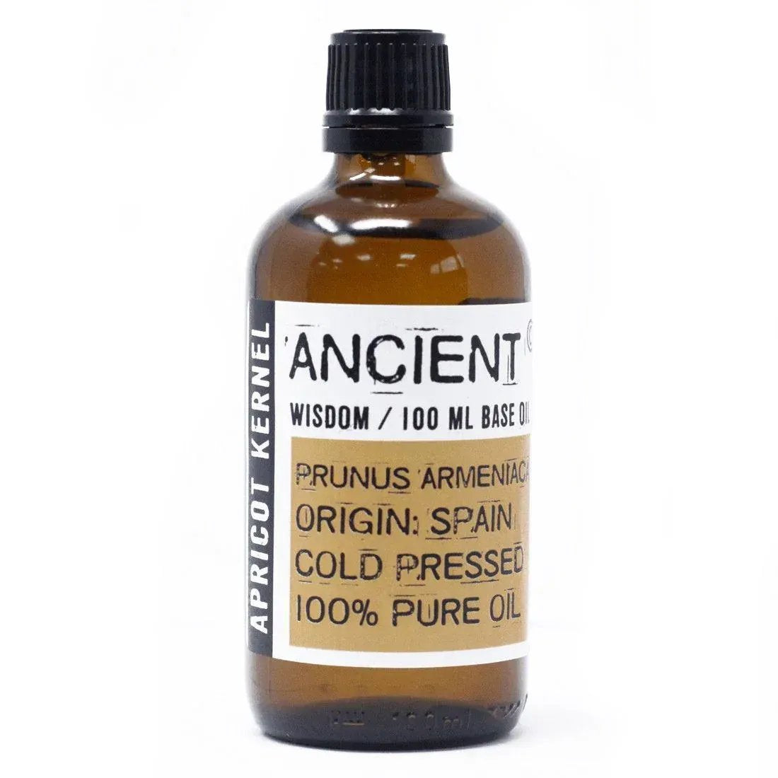Frasco de vidrio ámbar de 100ml con tapón negro, conteniendo aceite base de albaricoque. Etiqueta blanca y beige.