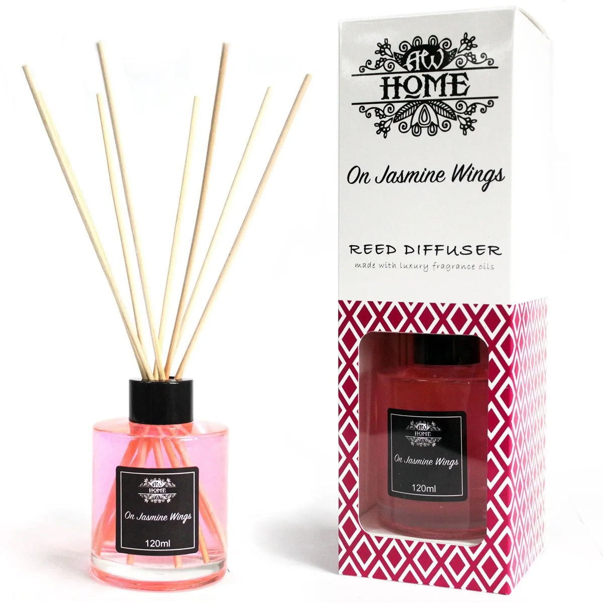 Difusor de cañas de rosa, fragancia a jazmín, 120 ml, con estuche decorativo en rojo y blanco.