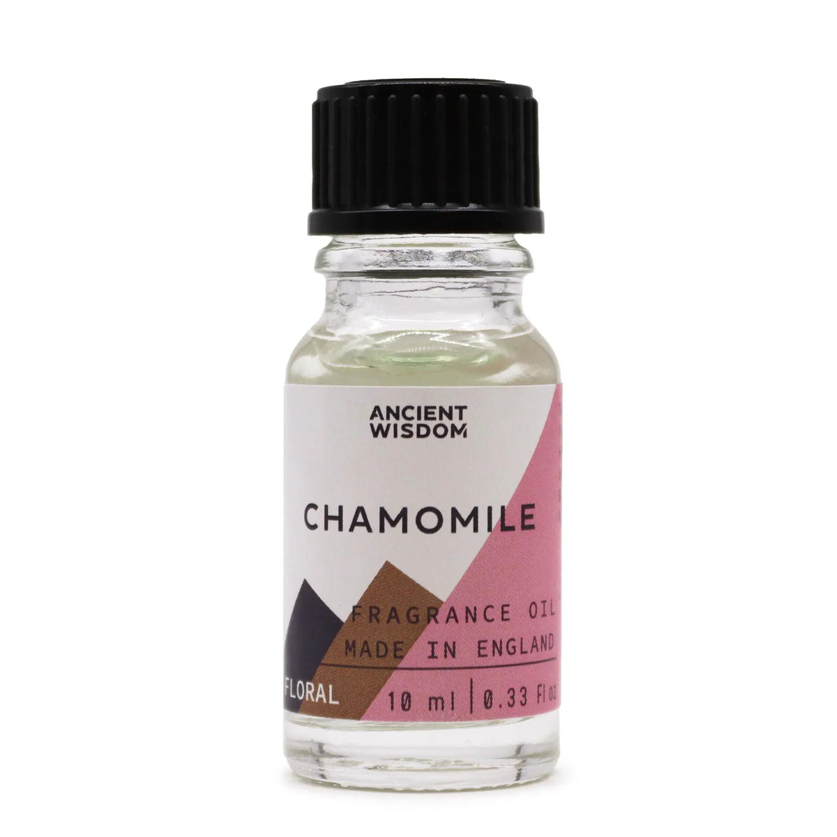 Frasco de cristal transparente de 10ml con tapa negra, etiqueta con texto "CHAMOMILE" y diseño geométrico en rosa.