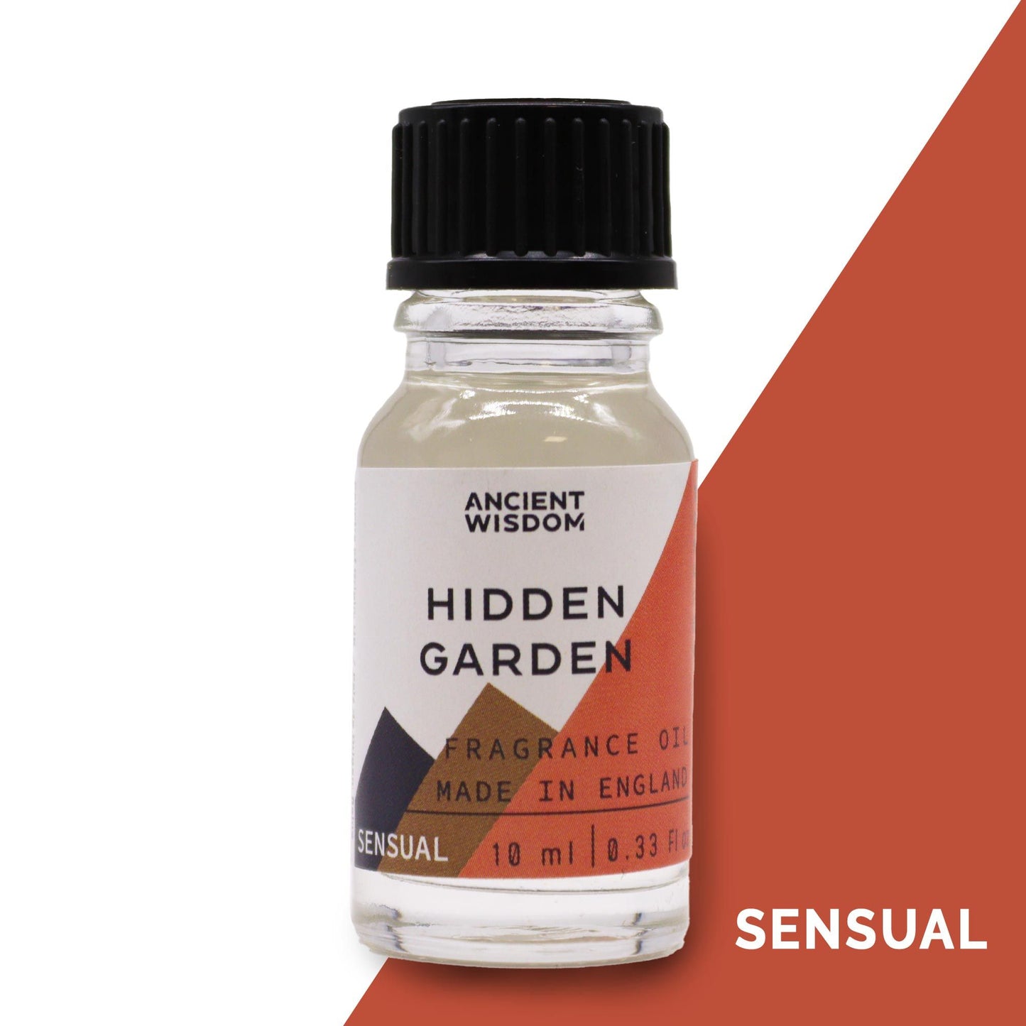 Frasco de cristal de 10ml con tapa negra y etiqueta blanca con diseño geométrico naranja y café, texto "Hidden Garden".