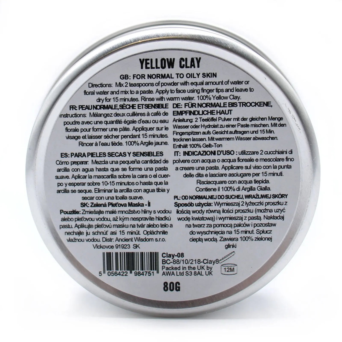 Vista superior de envase circular metálico con etiqueta informativa detallada sobre mascarilla de arcilla amarilla de 80g