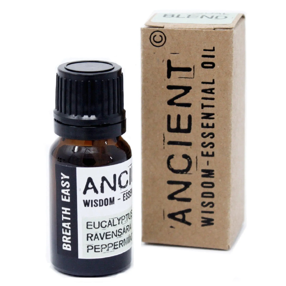 Frasco de aceite esencial de 10ml junto a su caja de cartón reciclado, ideal para promover la respiración.