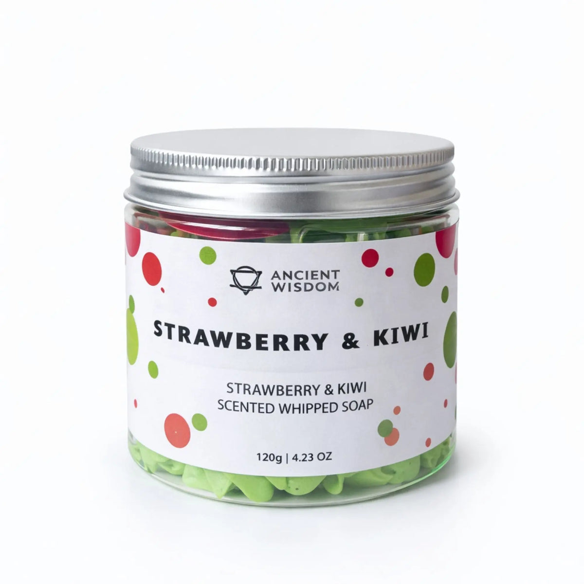 Jabón batido aromático fresa y kiwi en frasco de vidrio, 120g, colores verde y rosa. Ideal para el cuidado personal.
