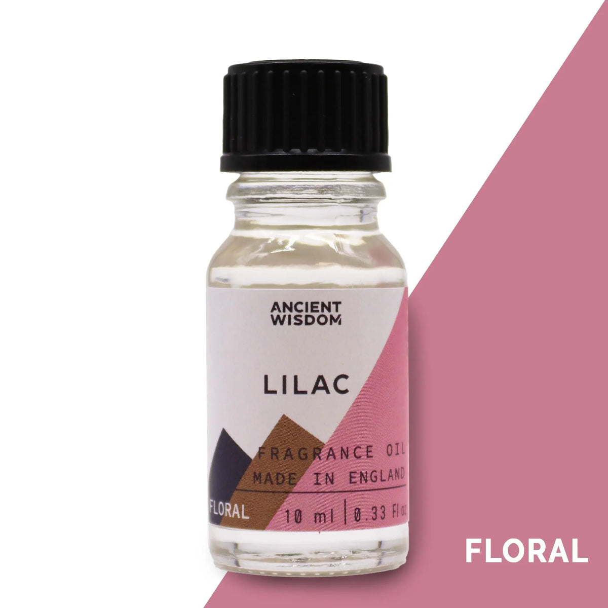 Frasco de vidrio transparente de 10 ml con aceite de fragancia de lila, tapa negra y etiqueta geométrica.
