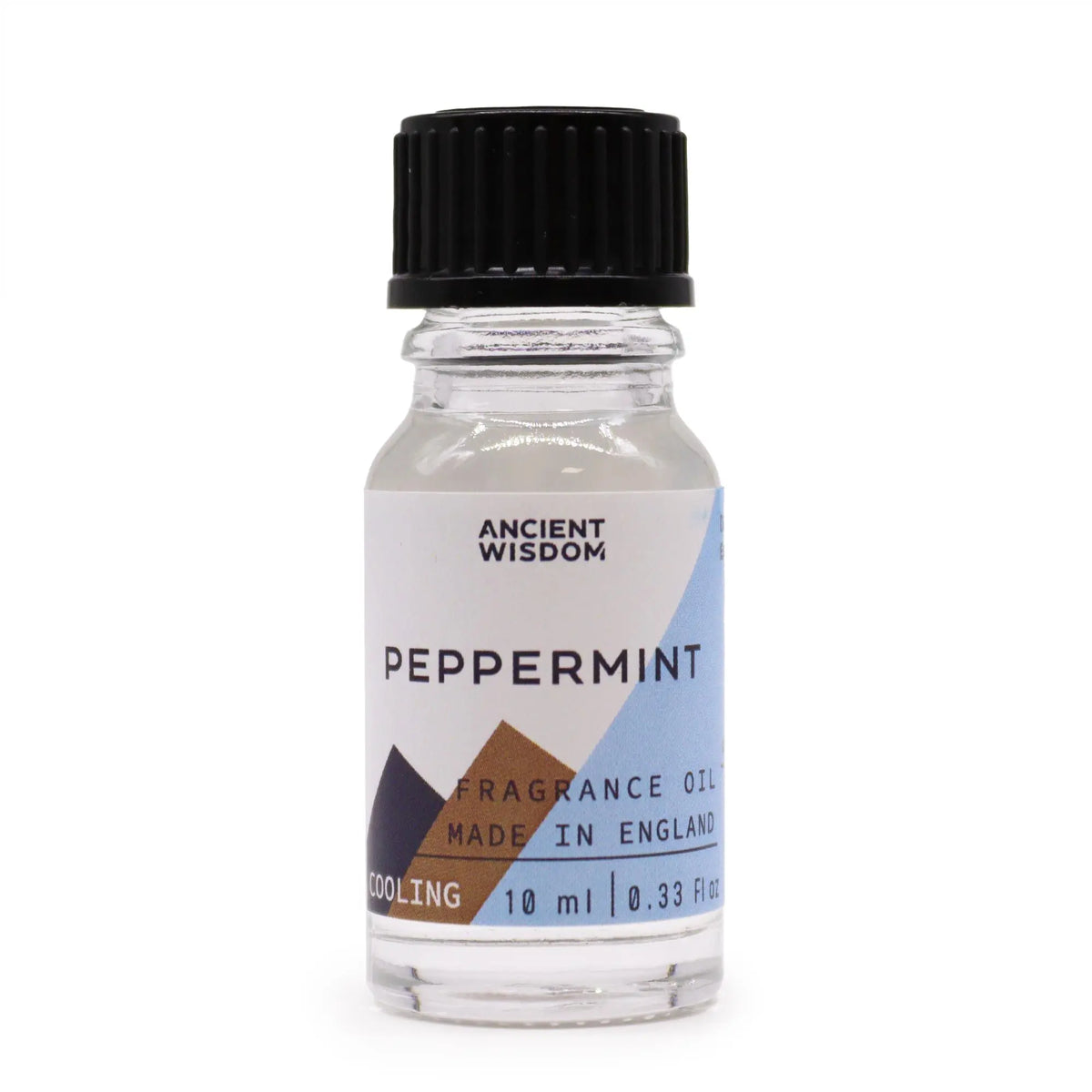Frasco de cristal transparente de 10ml con tapa negra y etiqueta blanca con diseño geométrico y texto de hierbabuena.