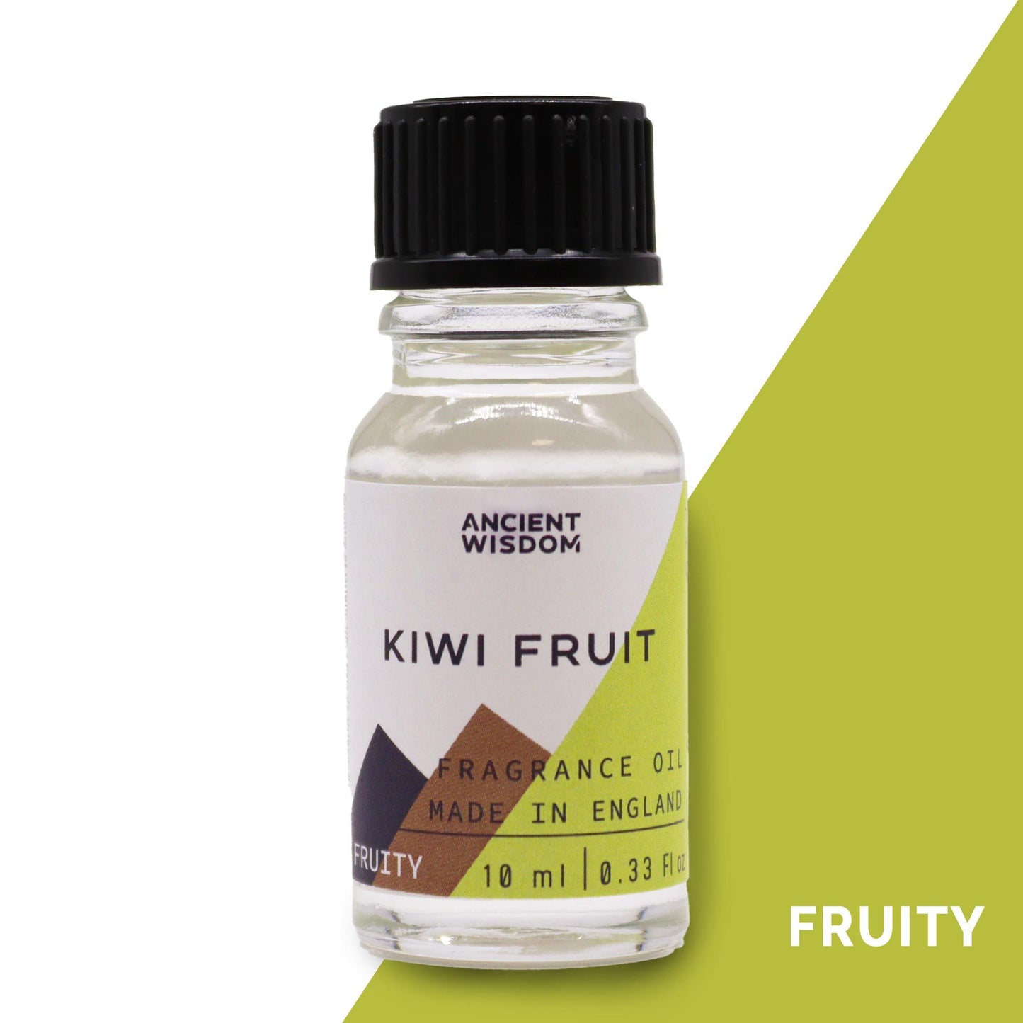 Frasco de cristal de 10ml con aceite de aroma a kiwi, tapa negra y etiqueta con diseño moderno en tonos verdes y marrón