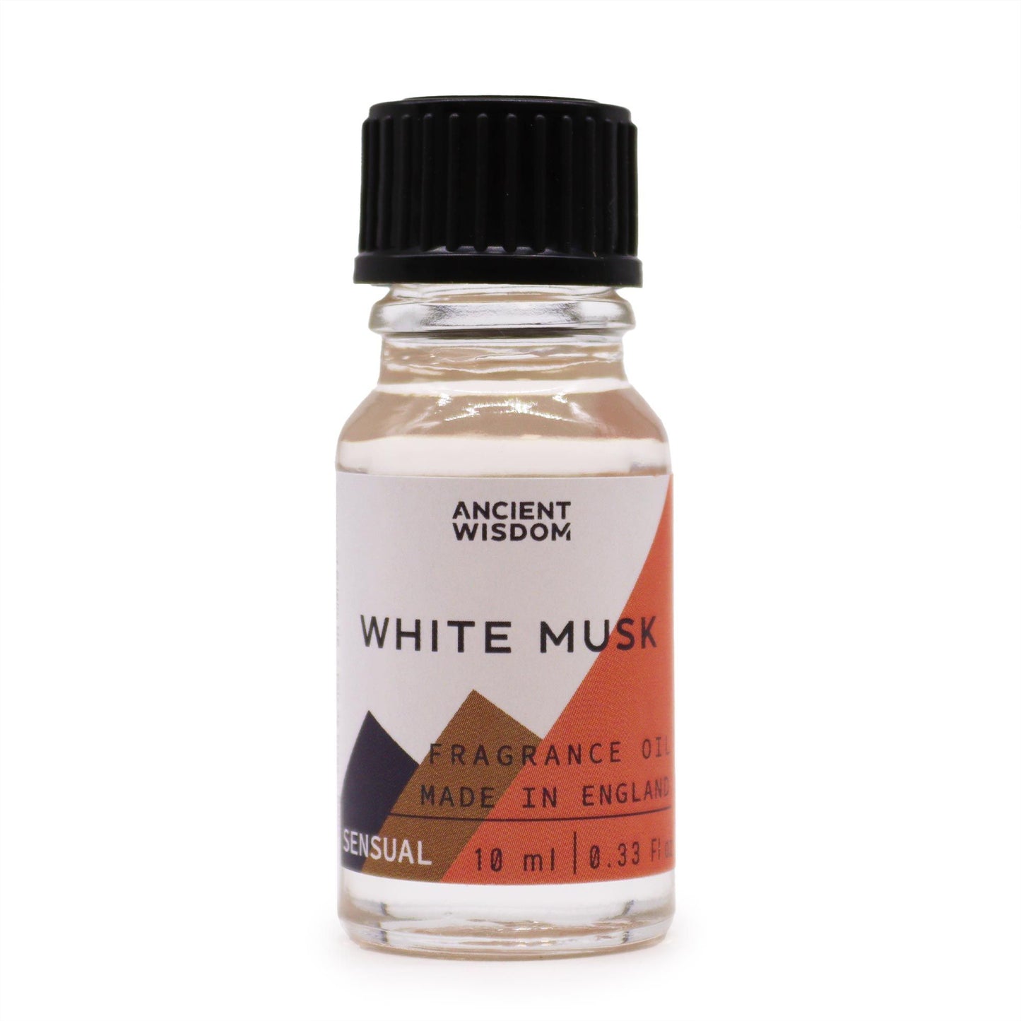 Frasco de vidrio de 10ml con tapa negra y etiqueta blanca que indica aceite de fragancia de almizcle blanco.