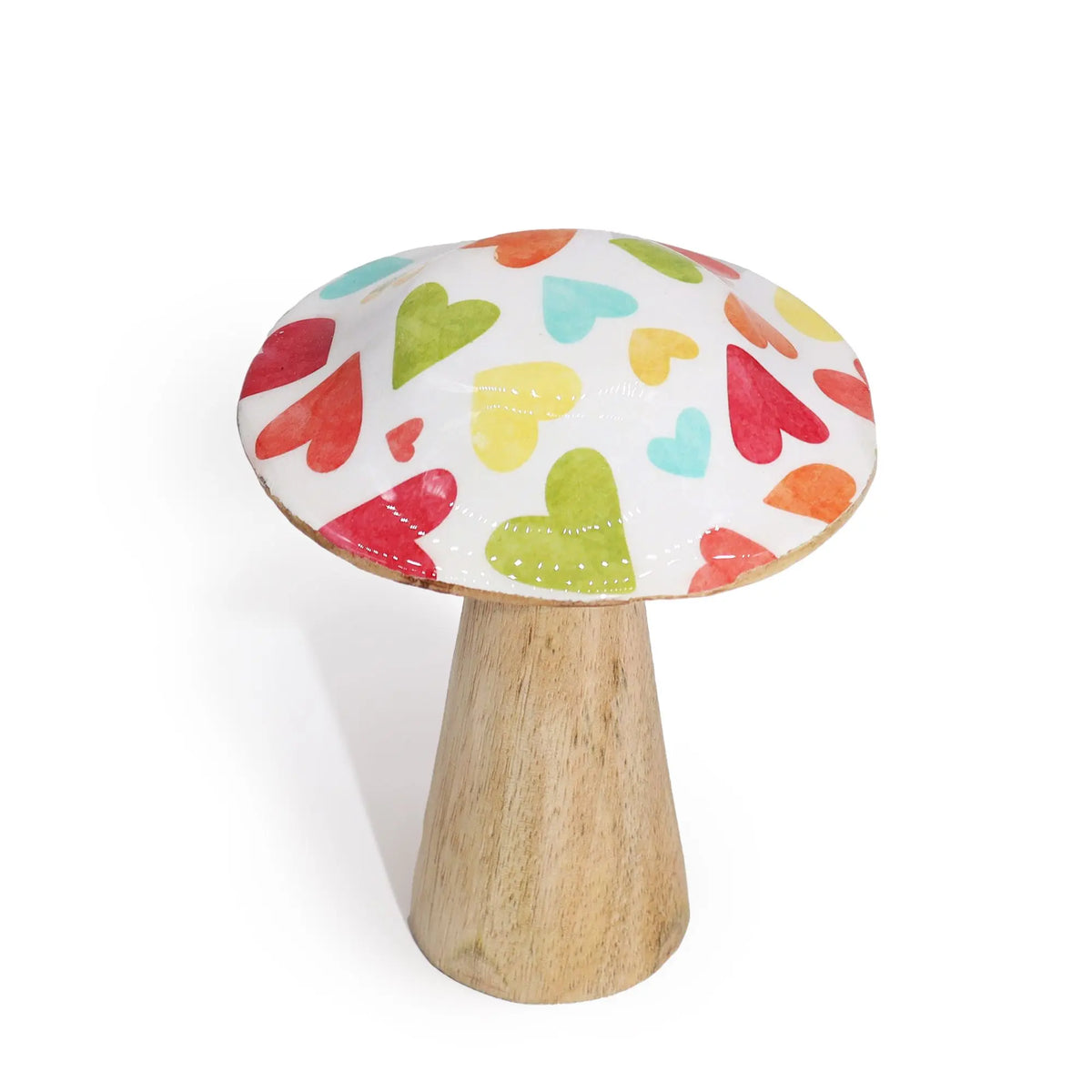 Seta decorativa de madera de 10 cm con sombrero esmaltado blanco decorado con corazones en tonos pastel