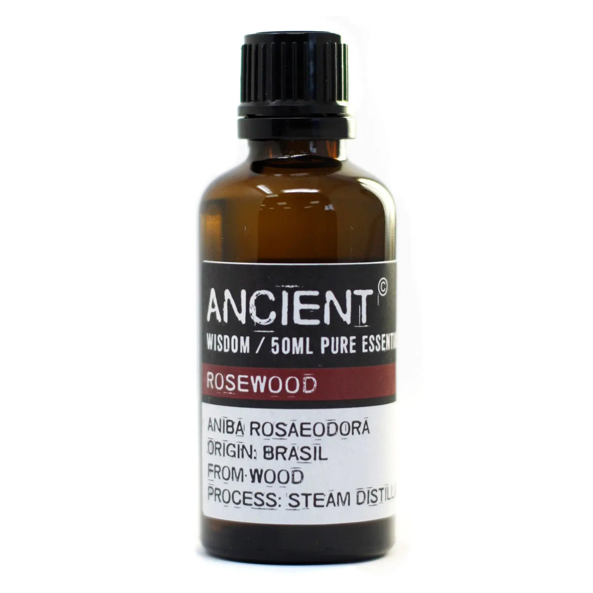 Frasco de vidrio ámbar de 50ml con aceite esencial de palo de rosa y tapa negra sobre fondo blanco.