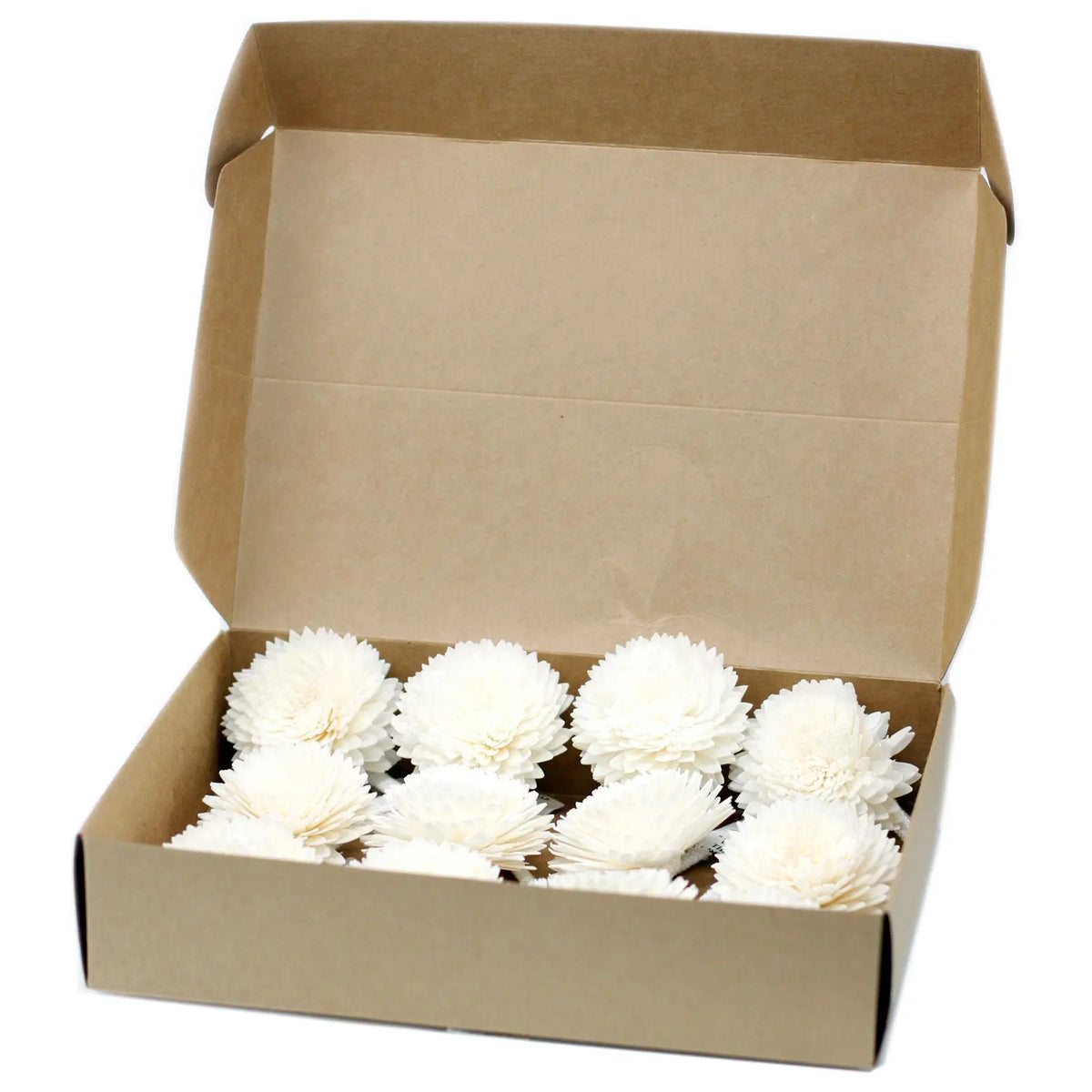 Caja de cartón artesanal con flores difusoras blancas de madera en forma de clavel con cordel.