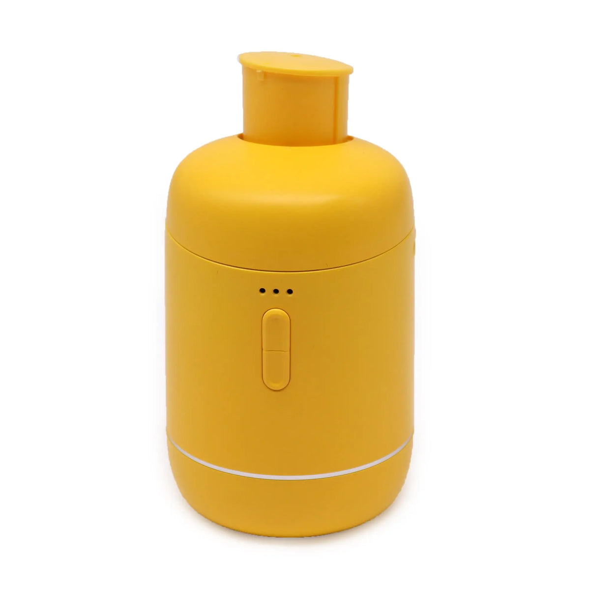 Difusor de aromas portátil amarillo, forma cilíndrica de plástico con botón central y diseño minimalista sin agua.