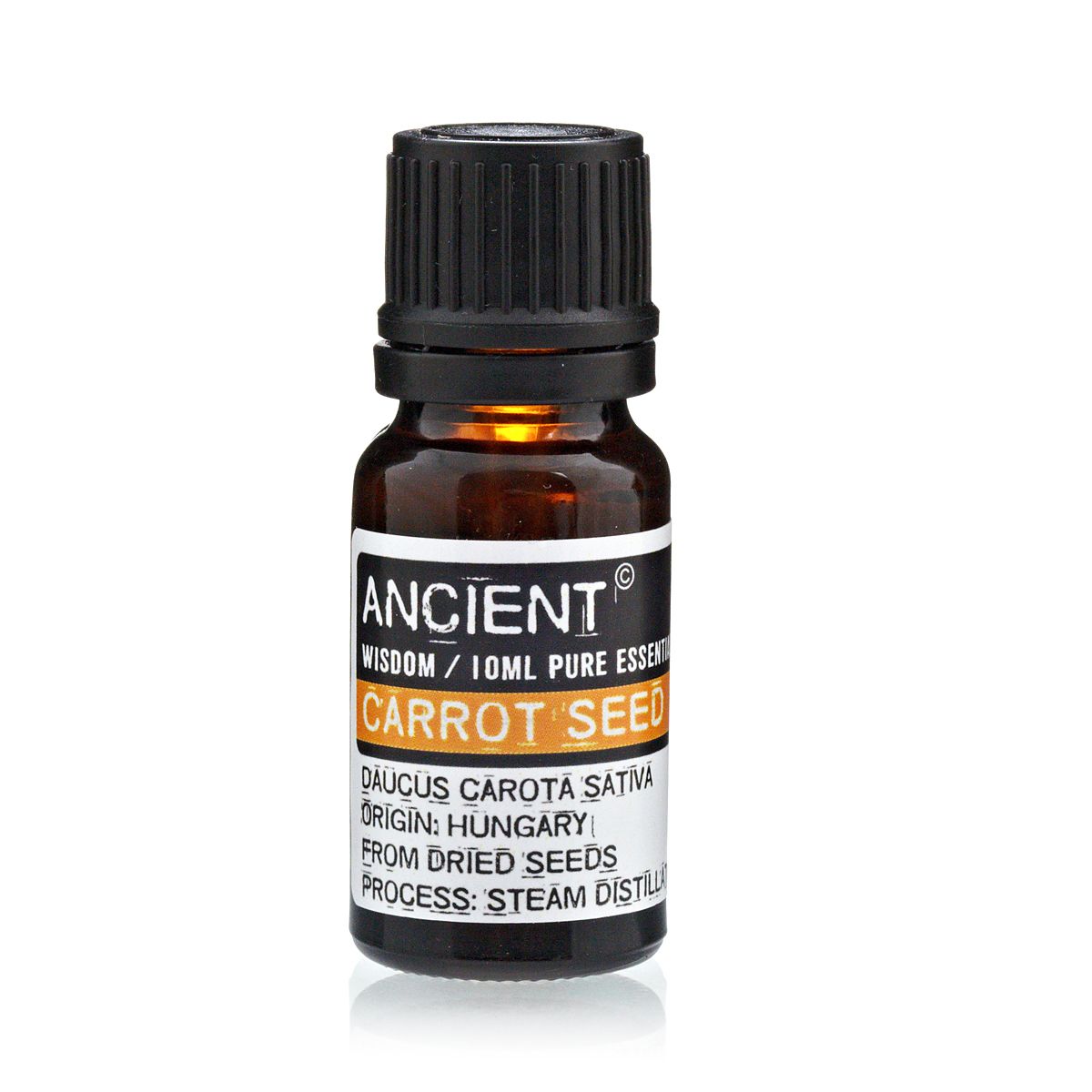 Aceite esencial de semilla de zanahoria, 10 ml, color ámbar, frasco de vidrio, origen: Hungría, destilación al vapor.