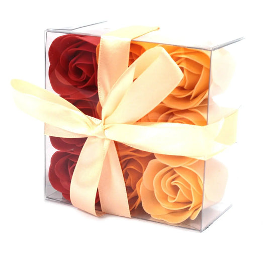 Set de 9 rosas de jabón en tonos rojo y melocotón, presentadas en caja transparente con lazo de satén color crema.
