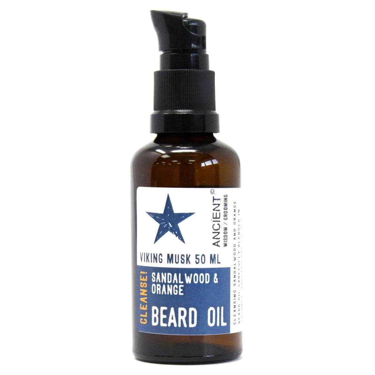 Frasco ámbar de 50ml con dosificador negro y etiqueta azul con estrella, marca Ancient Wisdom: Aceite de Barba Vikingo.