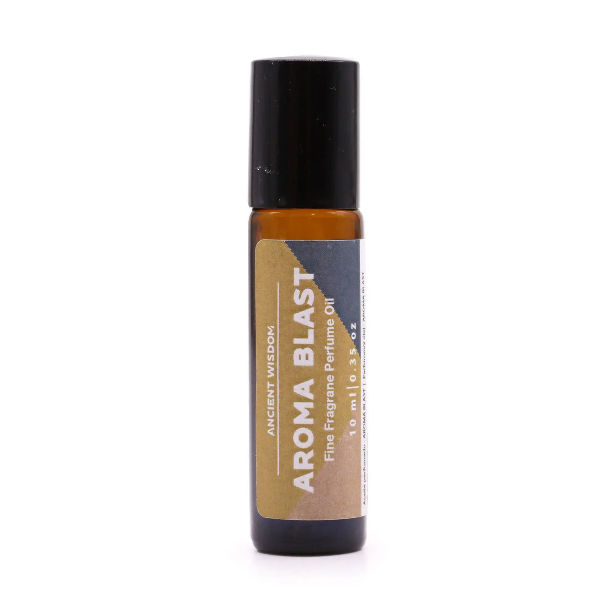 Frasco de vidrio ámbar de 10 ml con aplicador roll-on y tapa negra y etiqueta rectangular en tonos azul y dorado