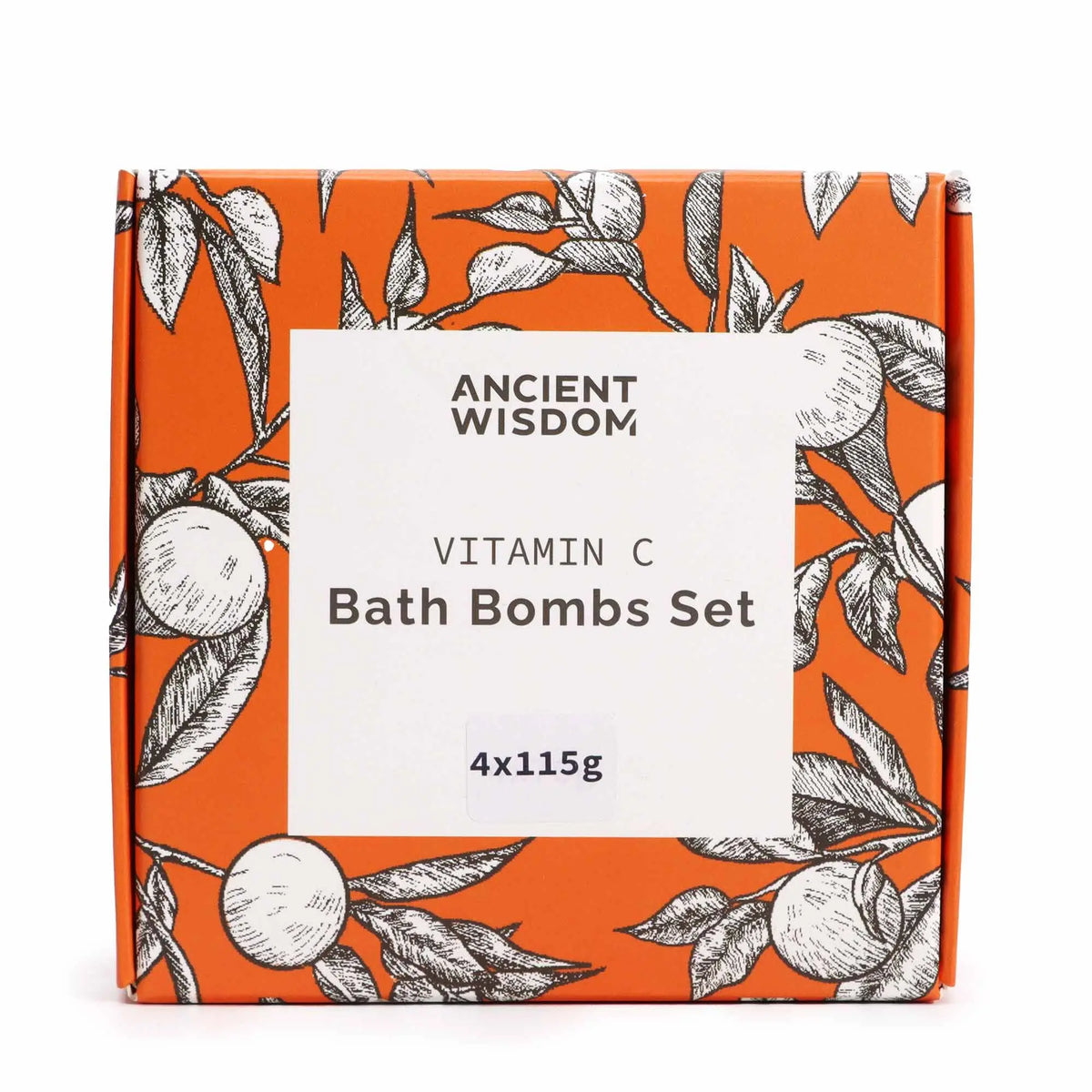 Caja cuadrada naranja con diseño de frutas cítricas, marca Ancient Wisdom y texto: Set de 4 bombas de baño Vitamina C.