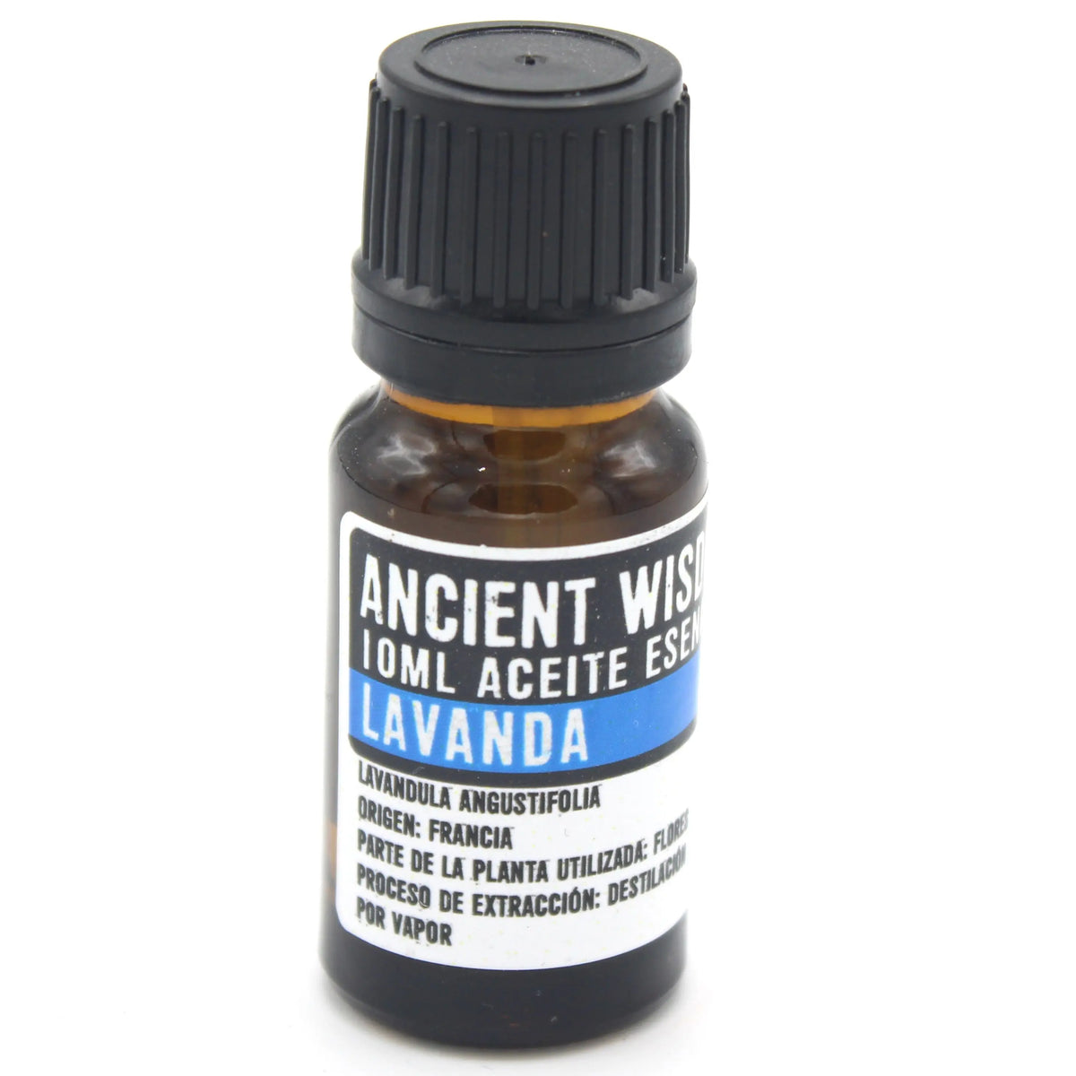 Frasco de vidrio ámbar de 10ml con aceite esencial de lavanda y tapón negro, sobre fondo blanco.