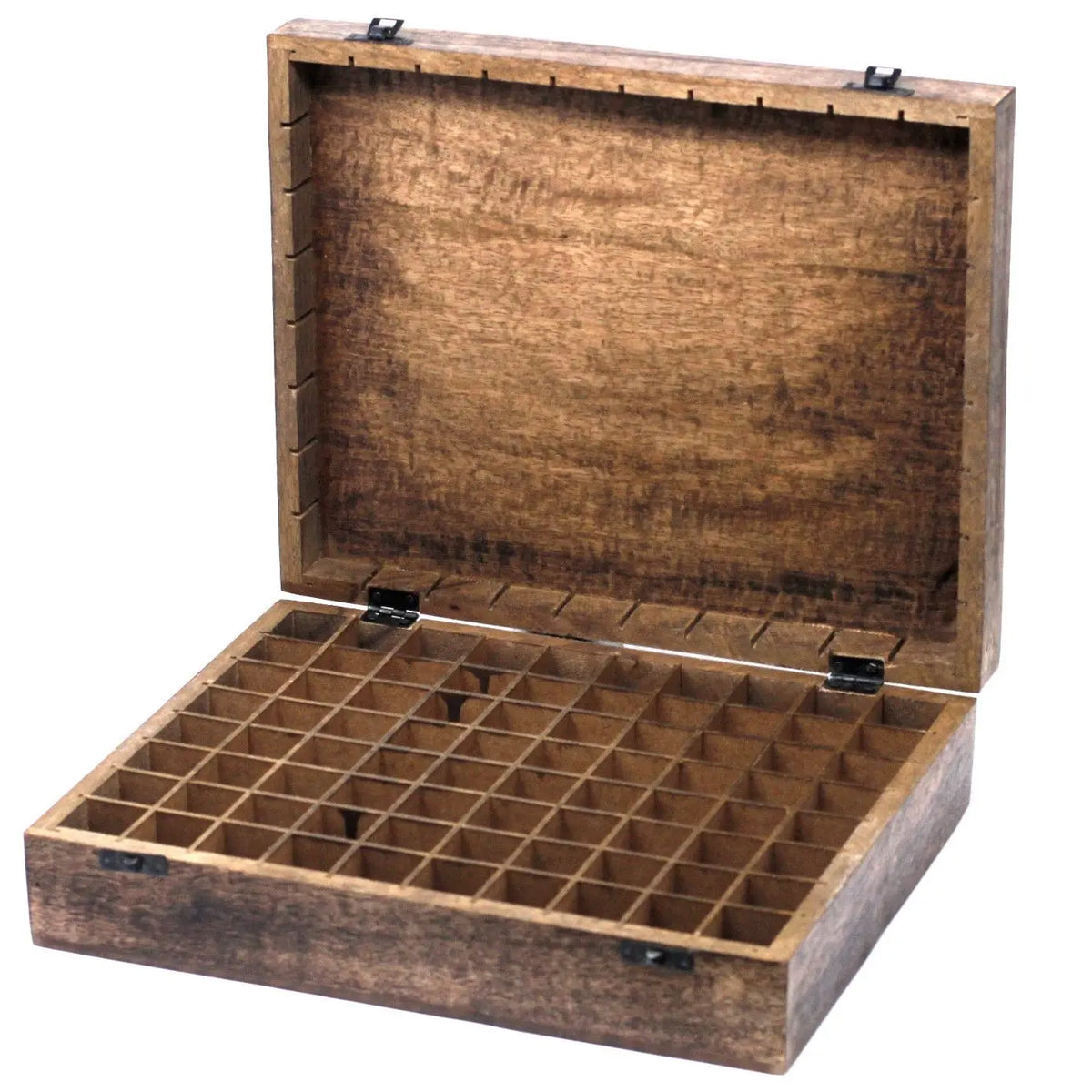 Caja de aromaterapia de madera de mango color café con 80 compartimentos internos y cierre metálico, vista abierta.