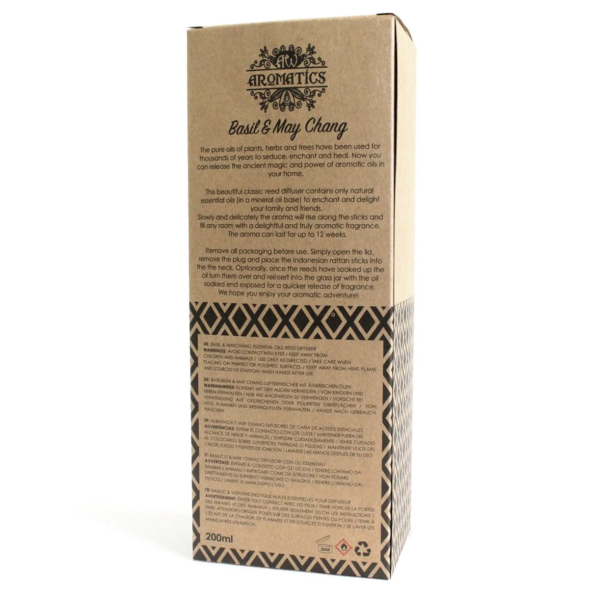 Caja rectangular de cartón kraft con texto negro y diseño geométrico en la base para difusor de aceites esenciales.