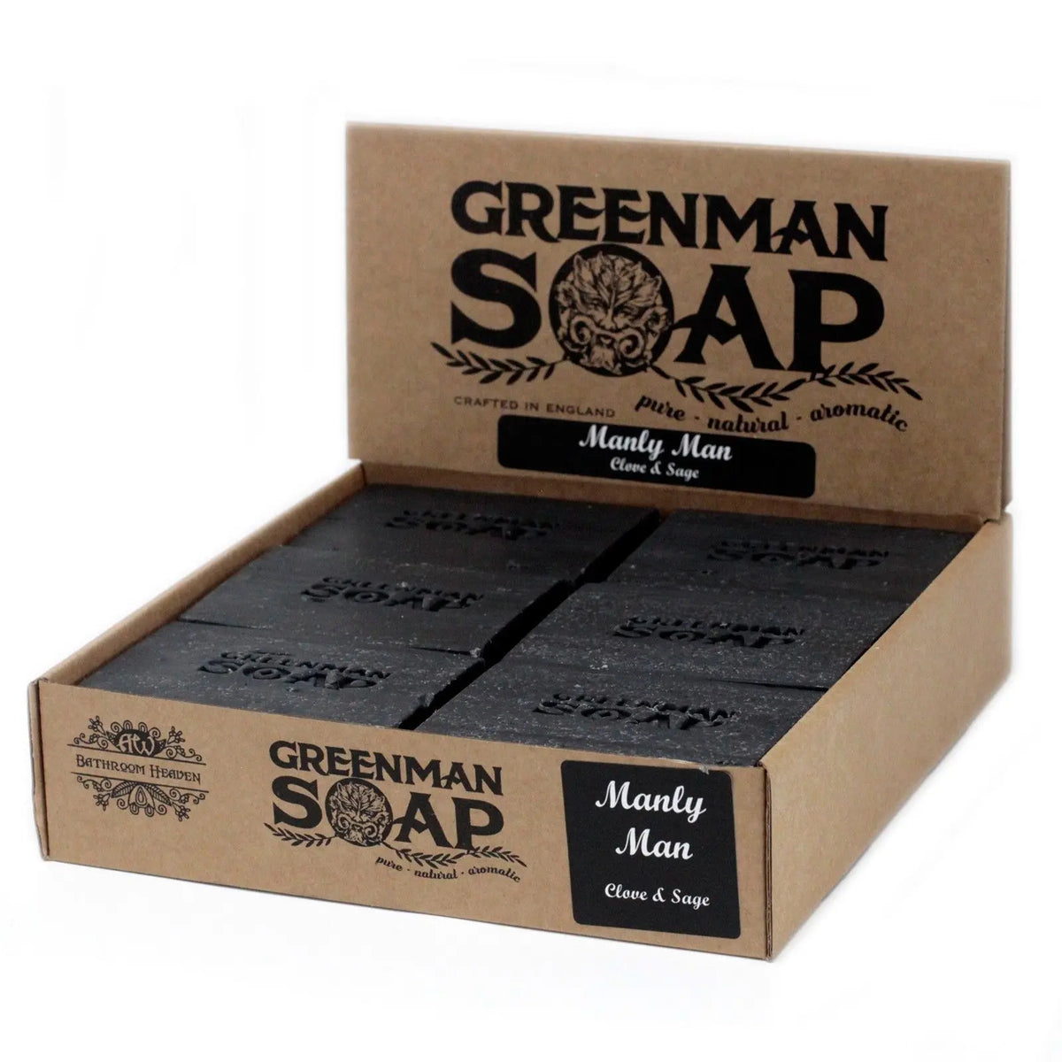Caja de cartón con cuatro pastillas de jabón negro rectangulares, aroma a clavo y salvia, diseño rústico para hombres.