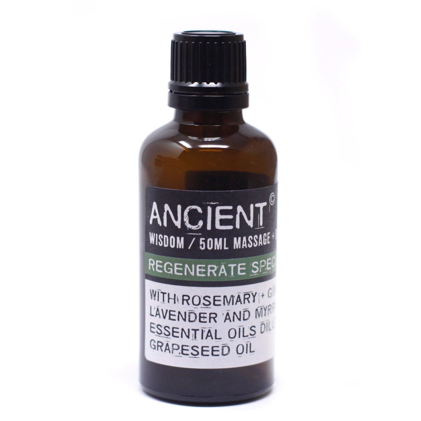 Frasco de vidrio ámbar de 50 ml con tapón negro y etiqueta informativa sobre aceite de masaje con esencias botánicas.