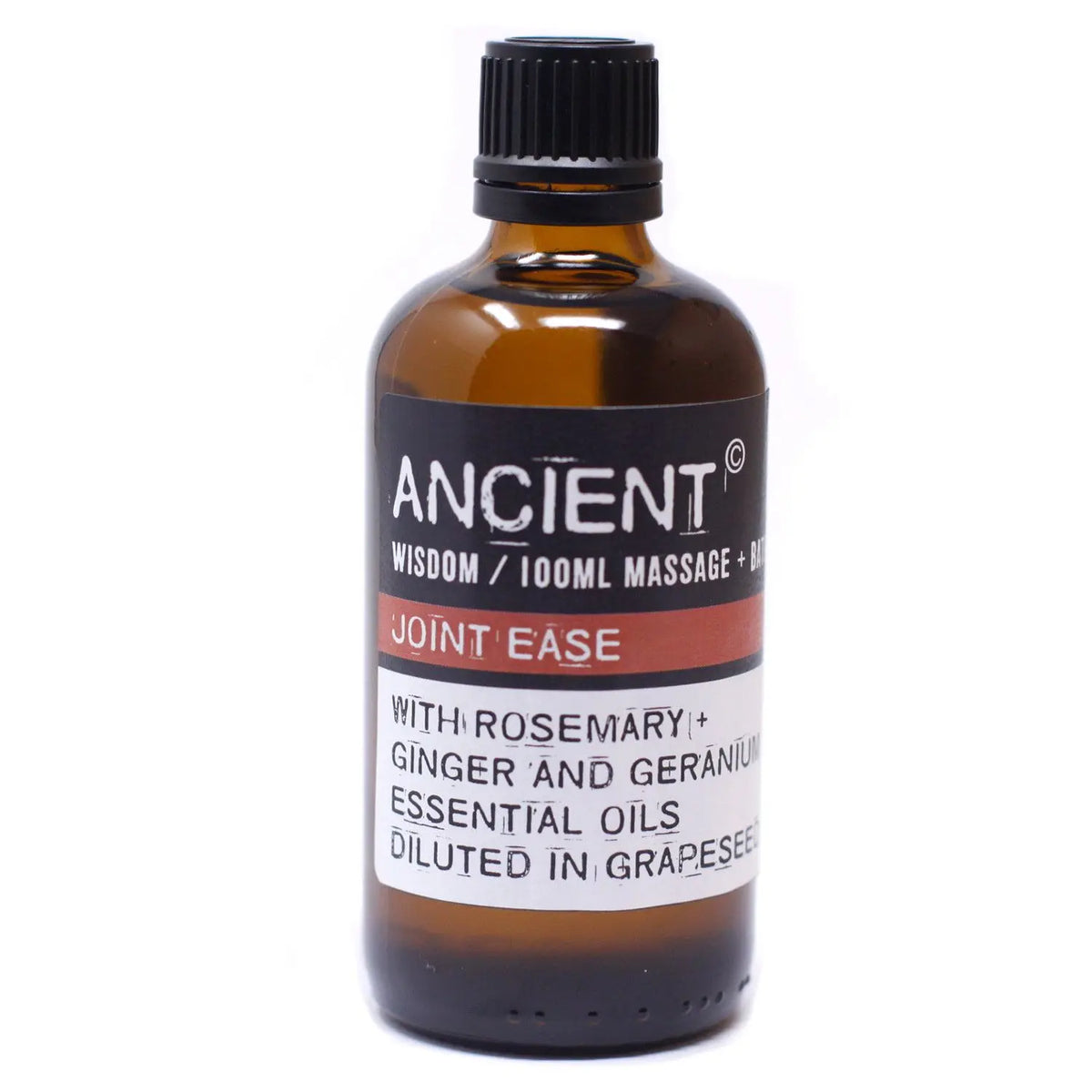 Frasco de vidrio ámbar de 100 ml con tapa negra y etiqueta blanca que indica aceite de masaje para articulaciones.