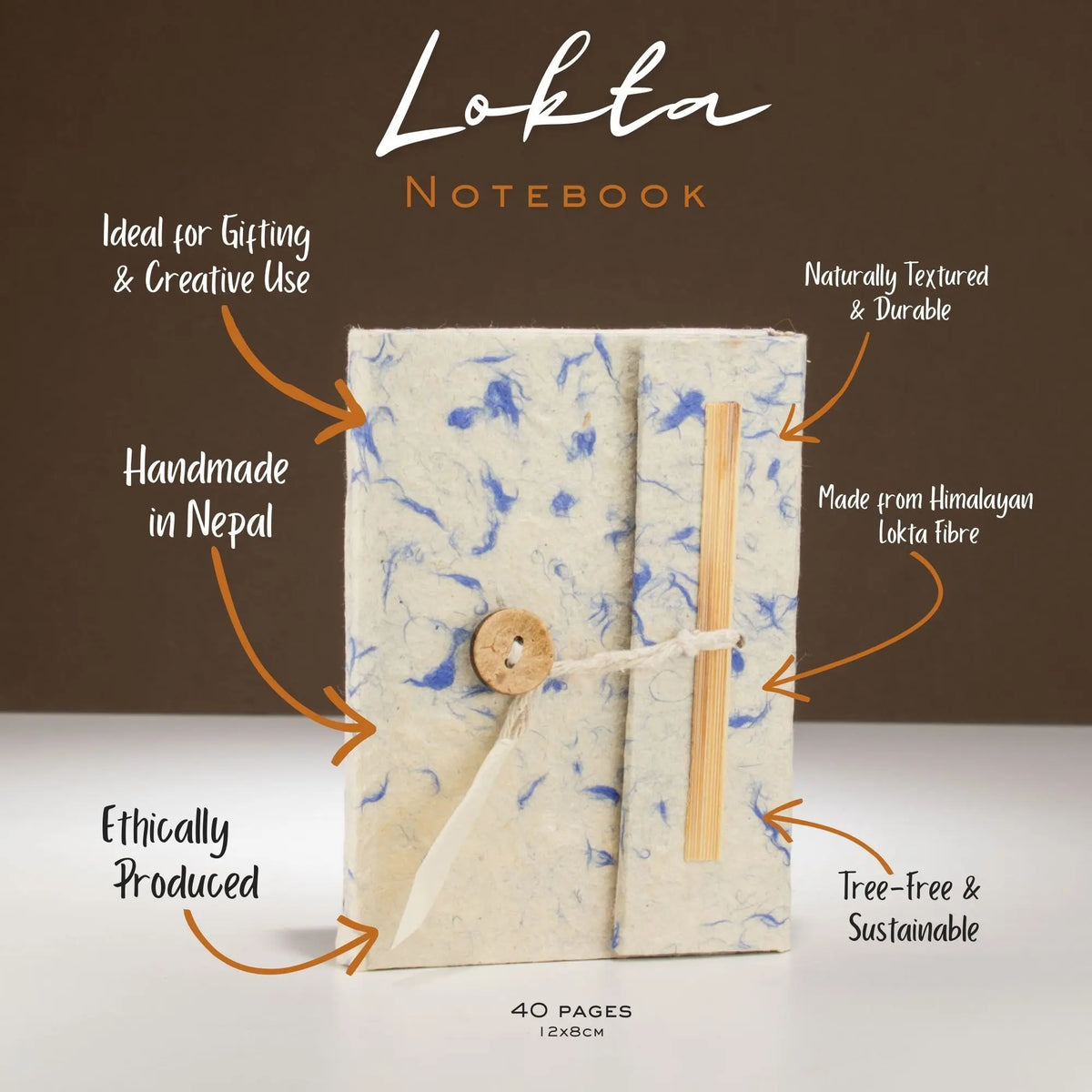 Cuaderno Lokta hecho a mano en Nepal, de fibra de lokta, con textura natural y adornos en azul, 40 páginas.