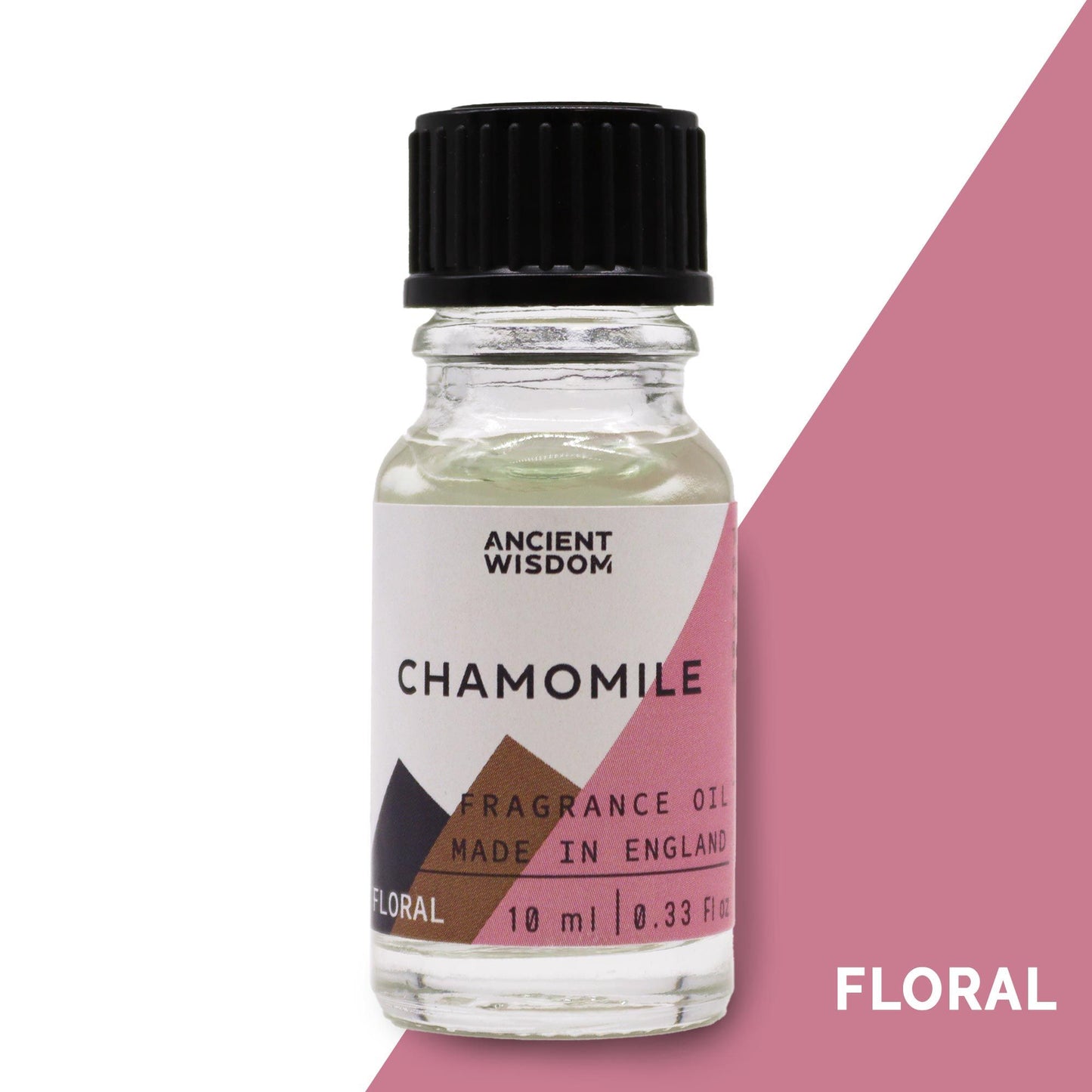 Frasco de vidrio de 10ml con tapa negra, contiene aceite de manzanilla. Etiqueta blanca con diseño geométrico rosa.