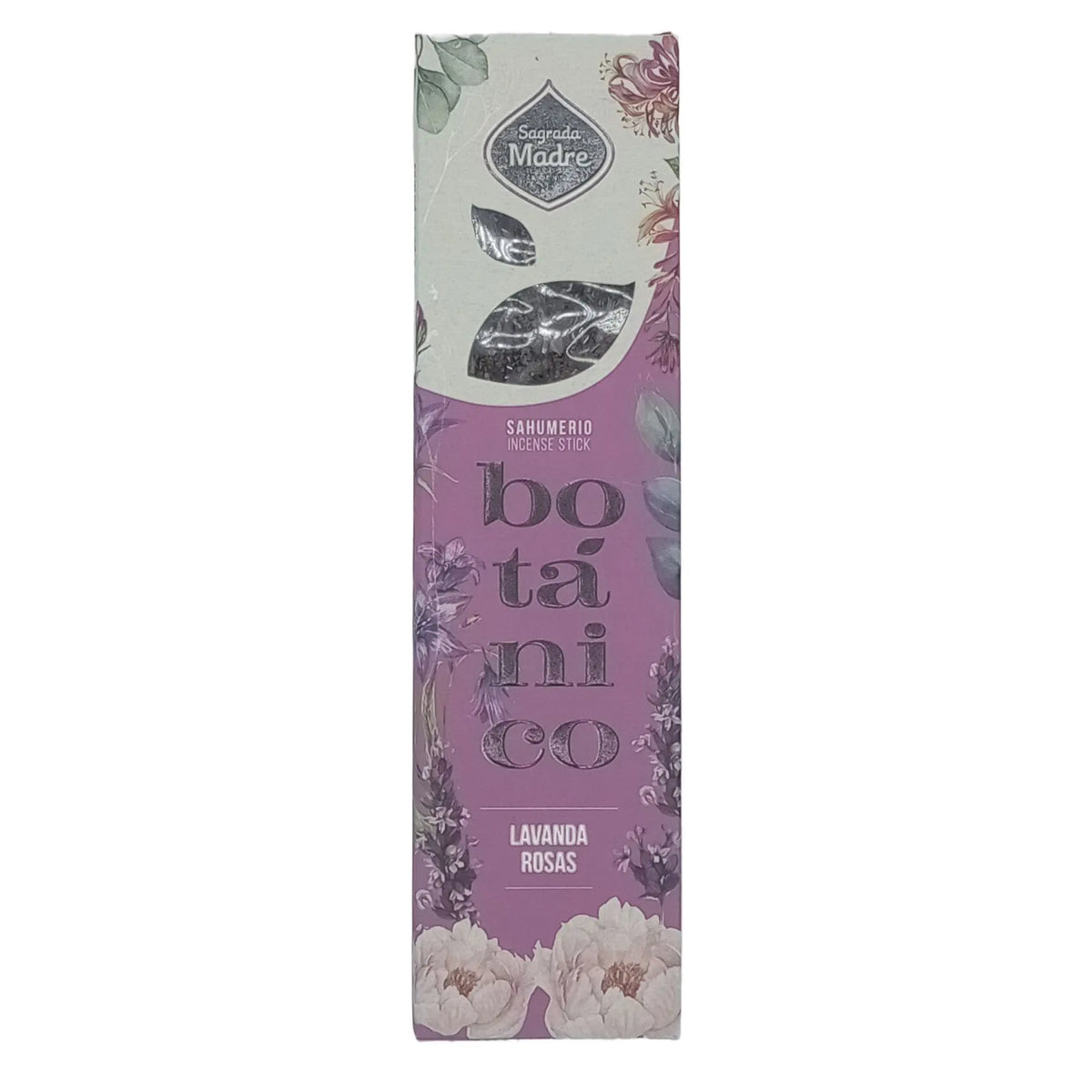 Caja rectangular de sahumerio botánico, fondo violeta con ilustraciones de lavanda, rosas y letras plateadas.