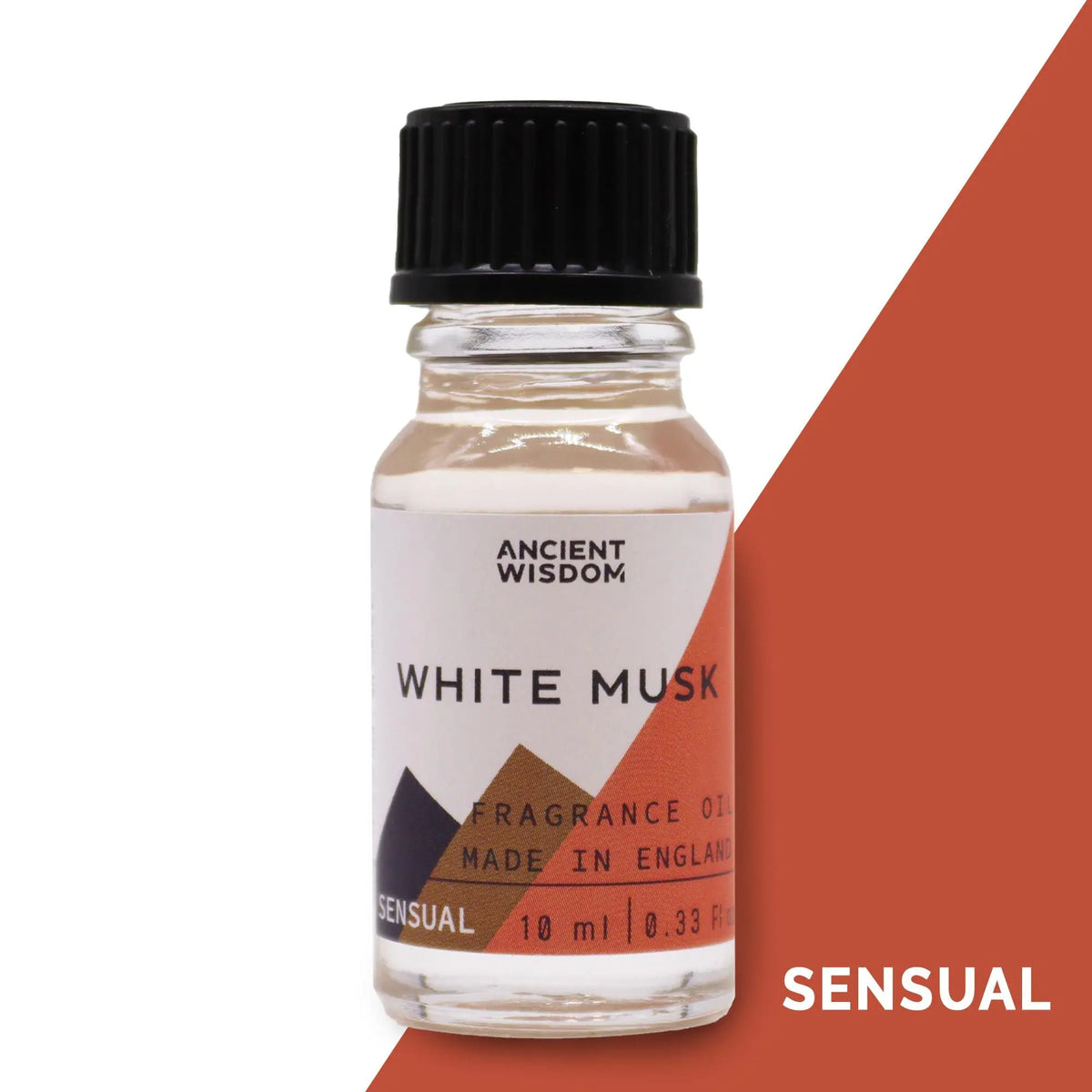 Frasco de vidrio de 10ml con tapa negra, contiene aceite de fragancia de almizcle blanco, etiqueta con diseño geométrico.