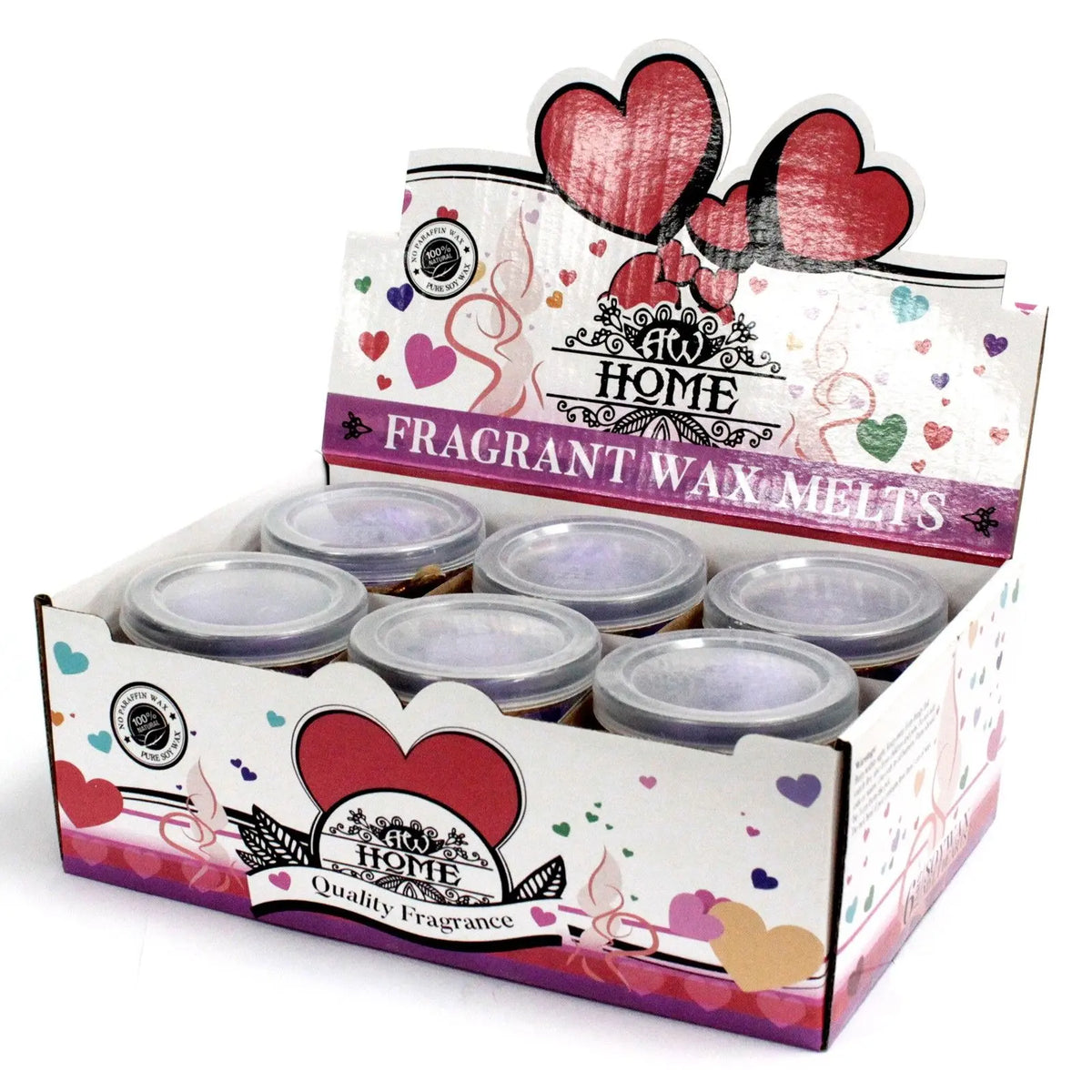 Caja expositora de cartón blanco con corazones, conteniendo seis frascos pequeños de cera de soja color lavanda.