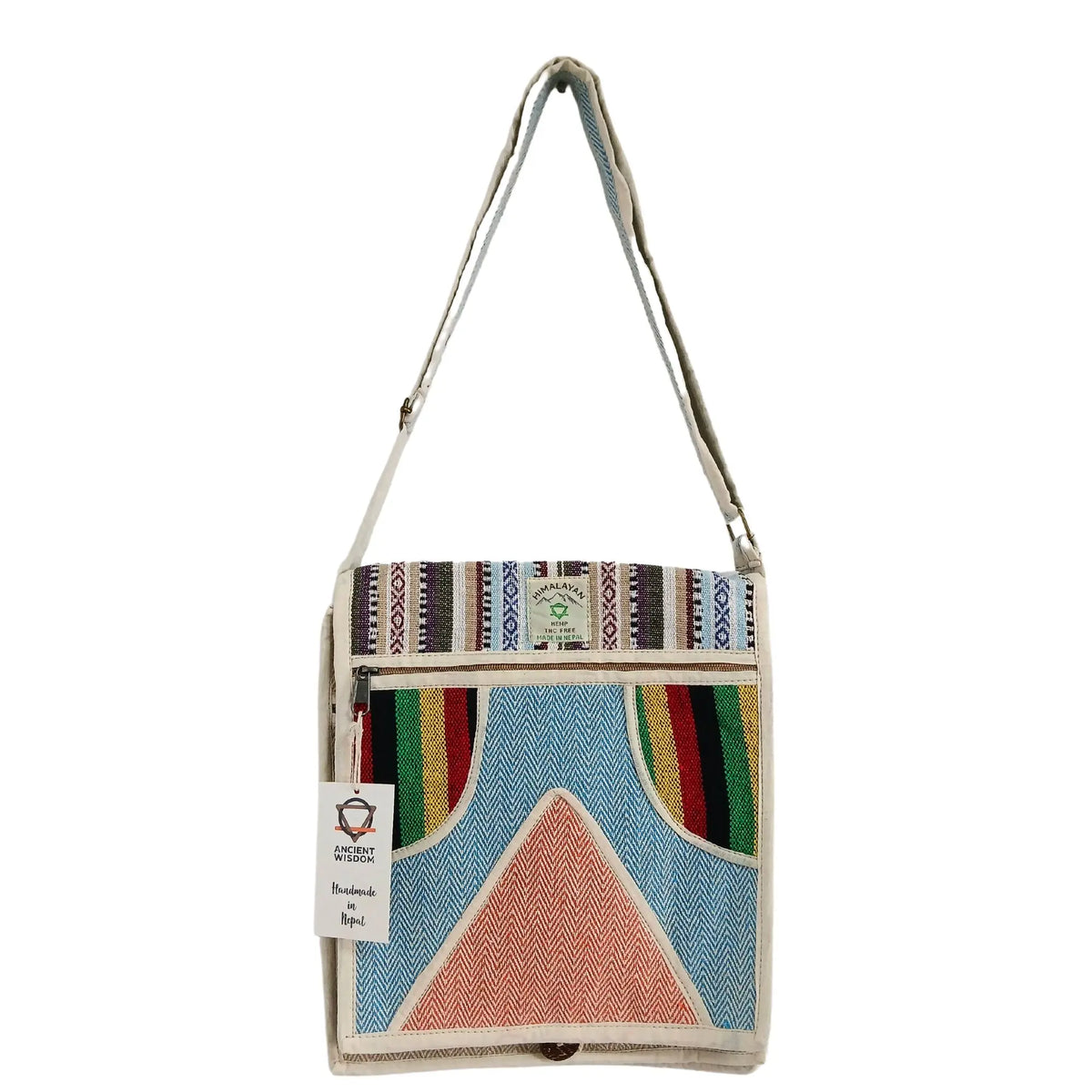 Bolso mensajero de cáñamo con correas largas, diseño triangular multicolor y textura tejida en tonos tierra y vivos.