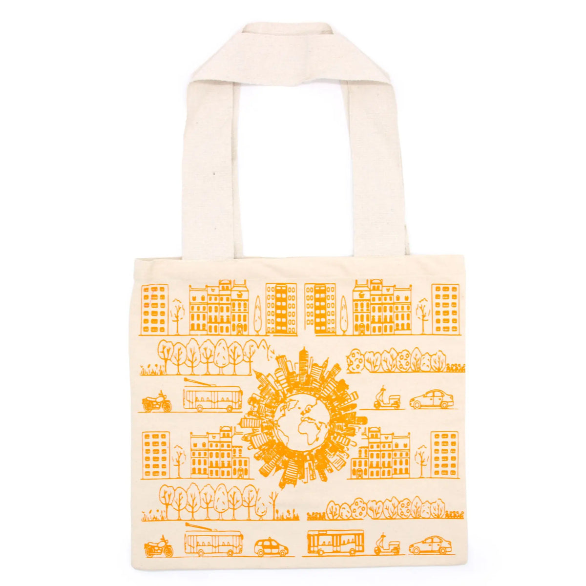 Bolsa de tela color crema con estampado en naranja de edificios, vehículos y un globo terráqueo rodeado de ciudad.